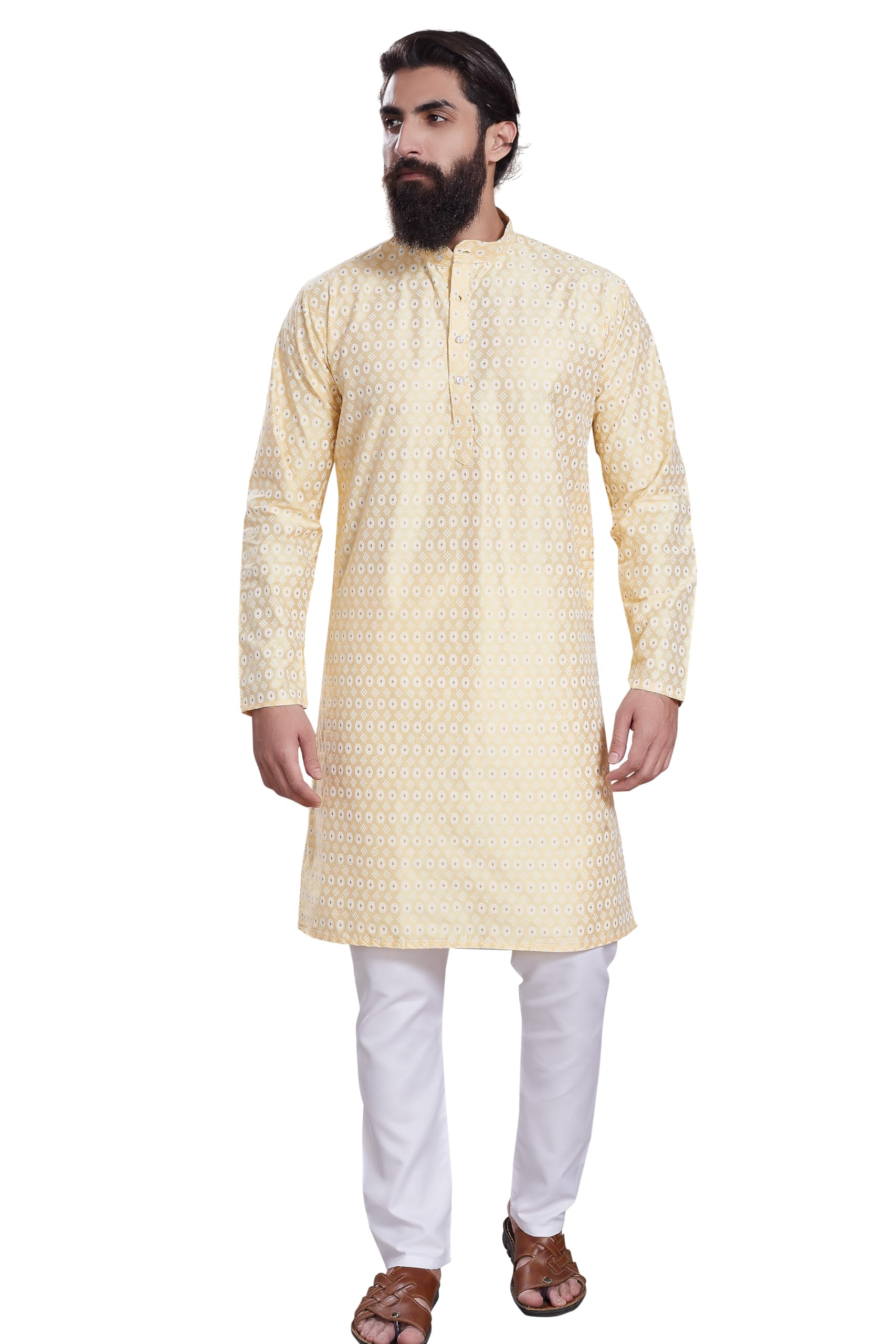 Divisive Men's Printed Cotton Silk Blend Only Slim Fit Kurta (Dkrt214_L_Lt Yellow)