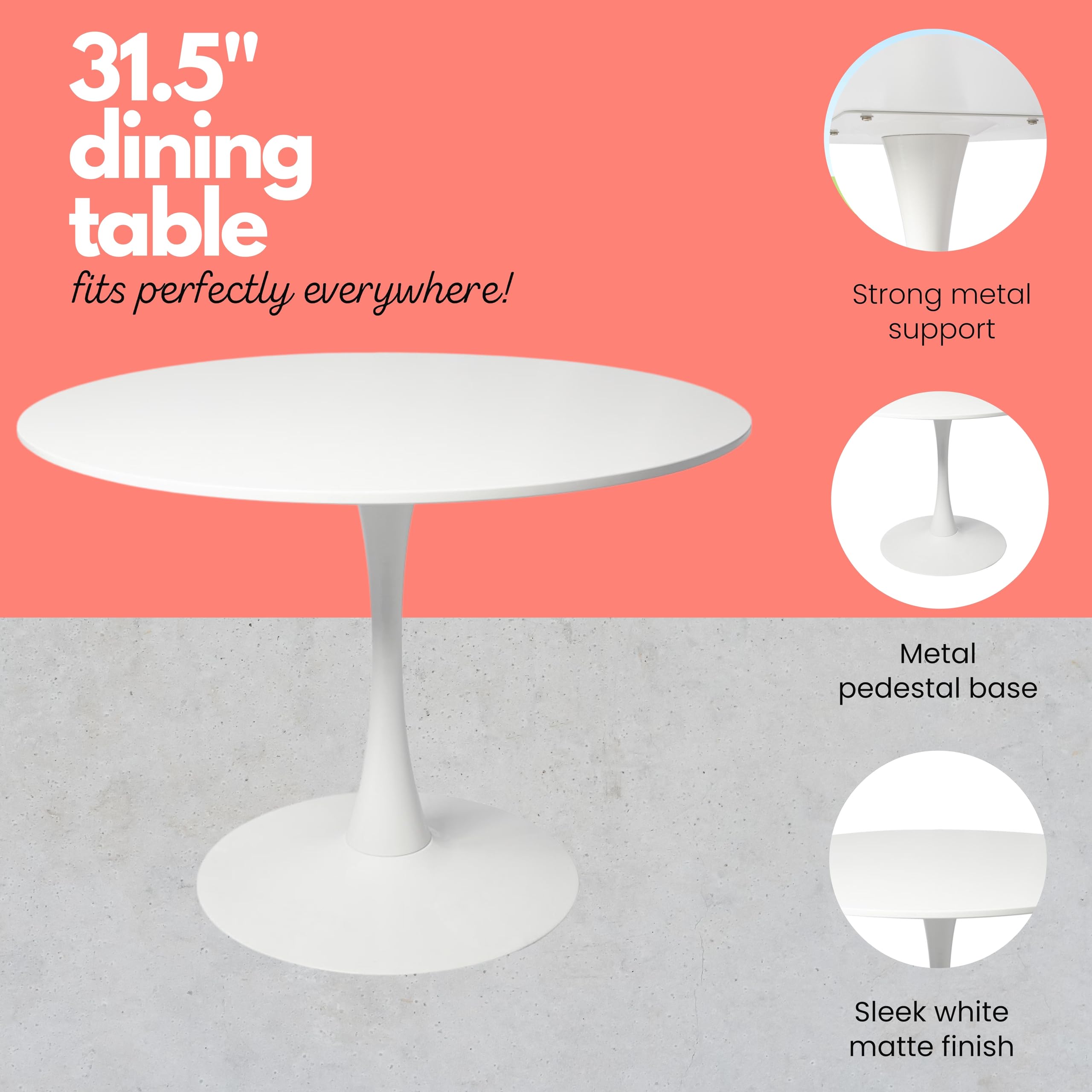 Ensemble Table à Manger Ronde + 4 Chaises – MDF Blanc, Style Moderne – Pour Cuisine, Salle à Manger Ou Bureau (80x80 Cm) - 3