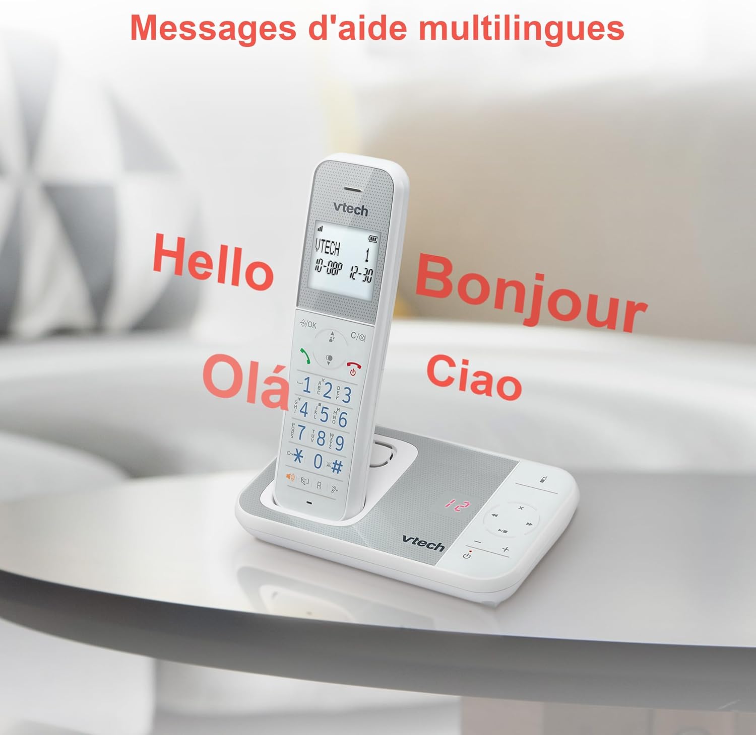 VTech XS1050 displaying multilingual greetings