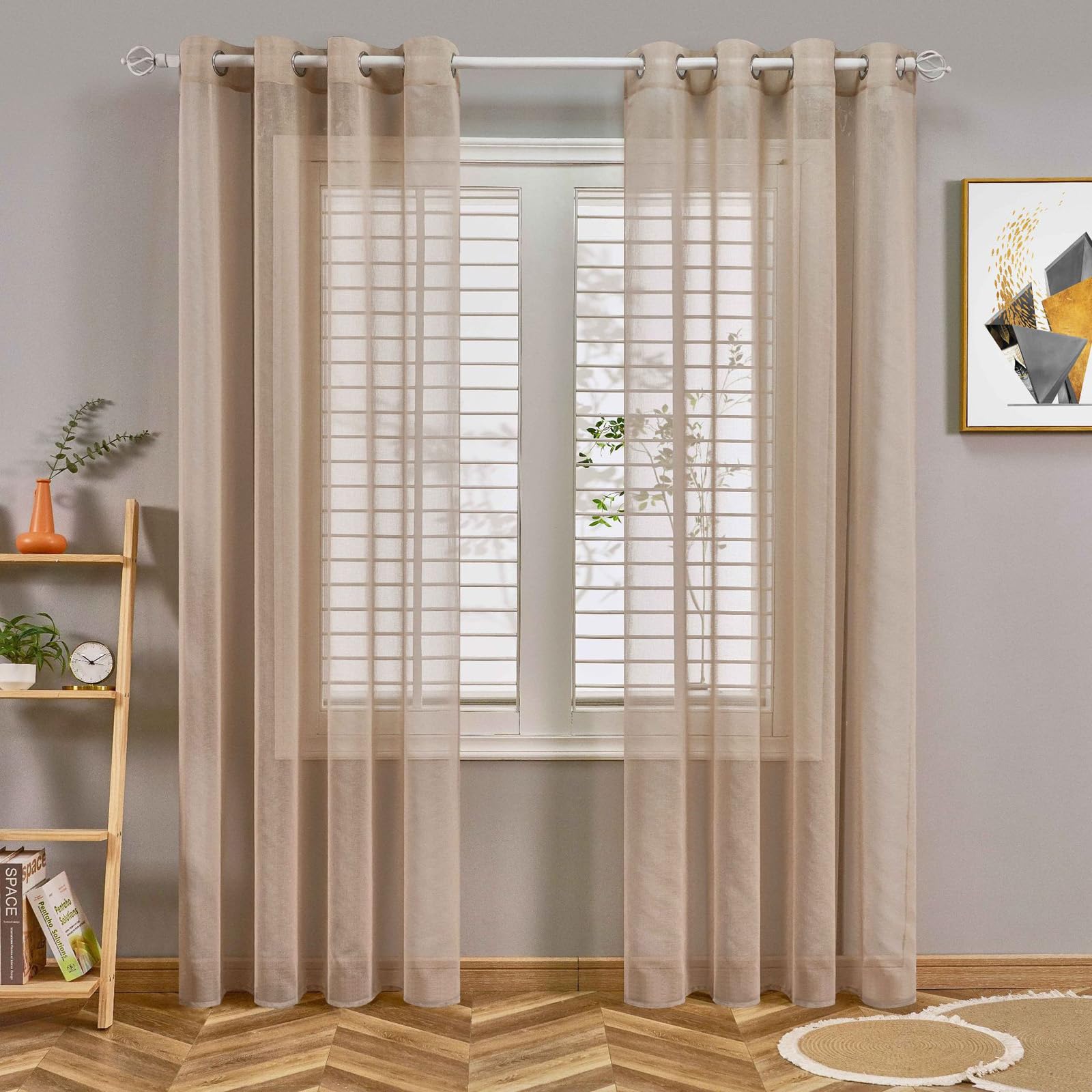Voile Curtain 2 Panels Net Curtains for Windows, Light Filtering Sheer Curtains, Solid Color Semi Transparent Eyelet Panels for Bedroom Liv(Size:250x270cm/W 98" x L 106" (2 Panels),Color:Light Coffee)