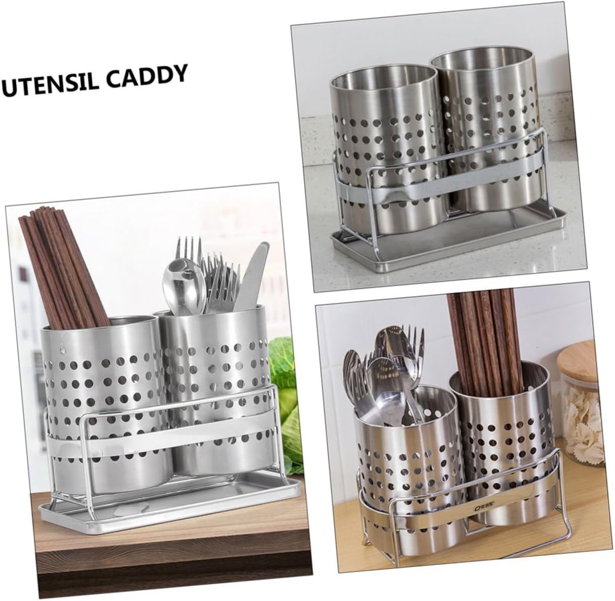 Stainless Steel Utensil Holder Chopstick Storage Kitchen Organizer for Cutlery and Silverware Easy Drain Design Space-Saving Utensil Organizer for Home and Restaurant