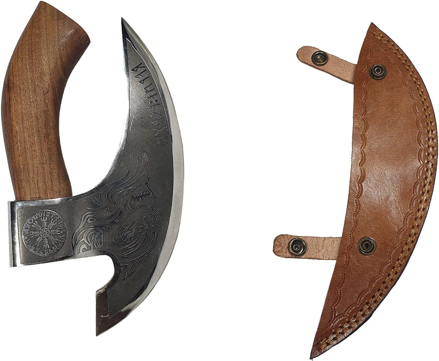 Ręcznie robiony nóż do pizzy, 26 centymetrów, ostrze do cięcia ze stali węglowej, skóra sheath, wzór czaszki, styl wikingów nóż do pizzy. Multi-Purpose Cutter… (uchwyt do owoców różanych)