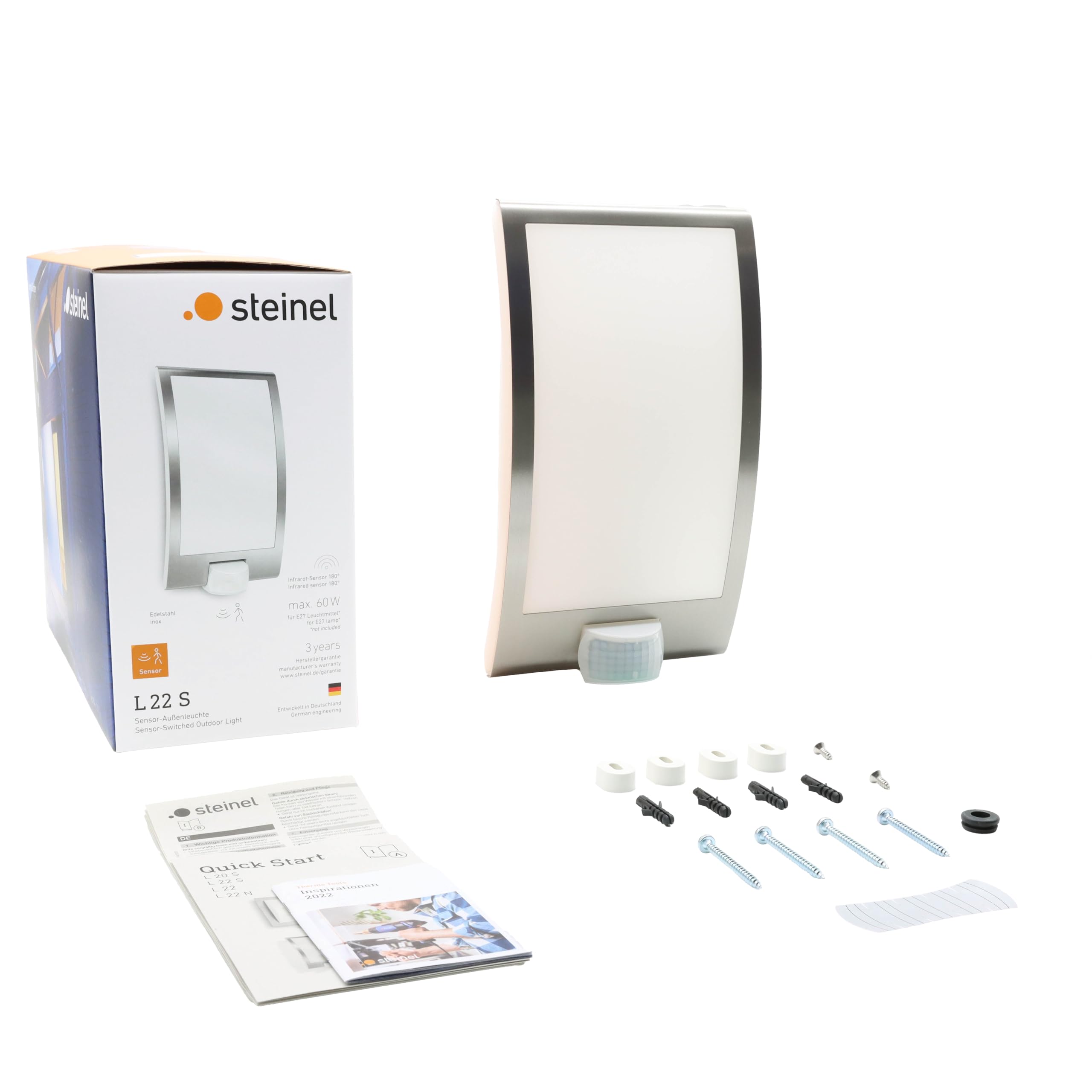 Steinel L 22 S Außenleuchte Wandlampe 180° Bewegungsmelder 10 m Reichweite Edelstahlblende 60 Watt E27