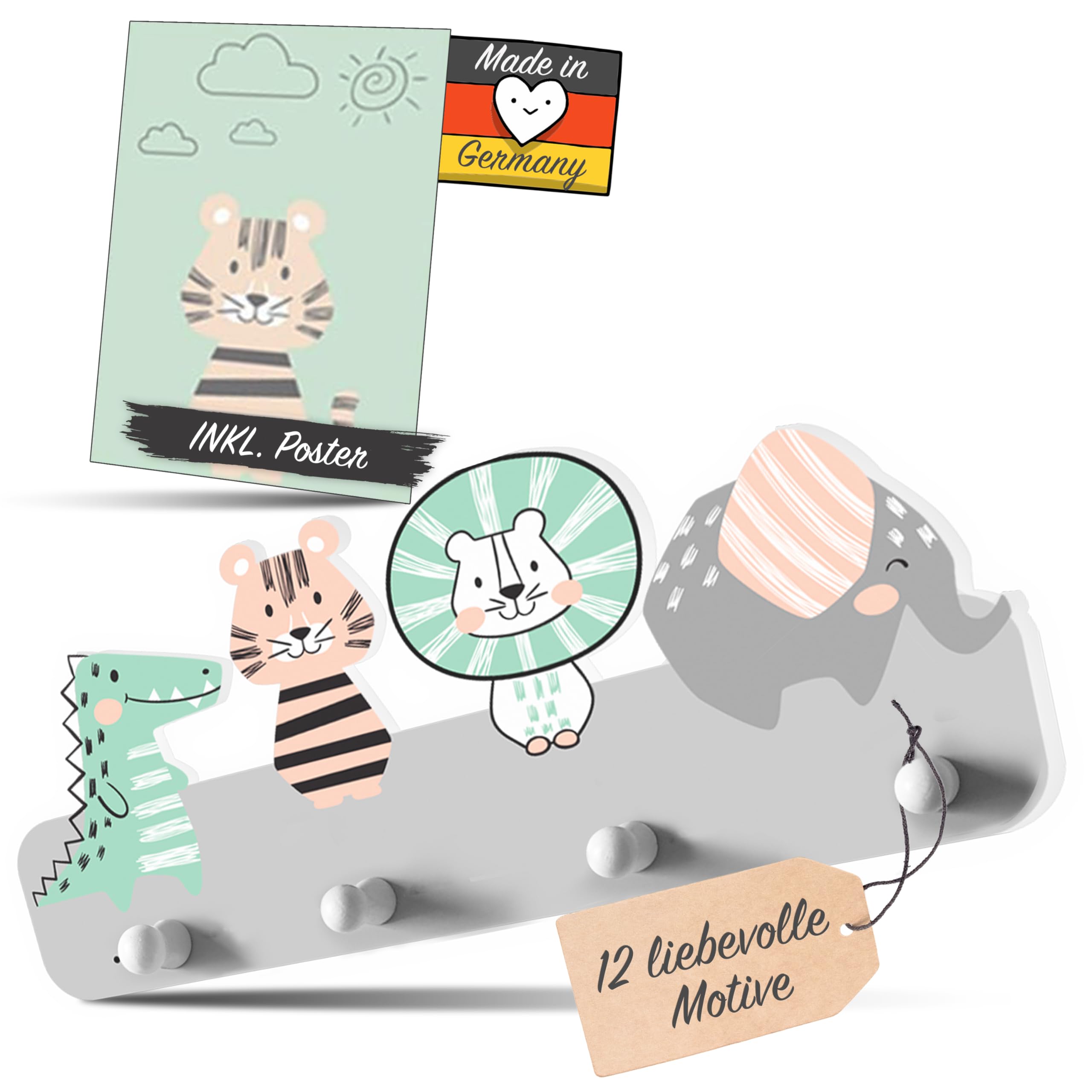 Kindsblick ® Kindergarderobe inkl. DIN A4 Poster - Garderobe mit 4 Kleiderhaken für Kinder - Wunderschöne Deko für jedes Kinderzimmer