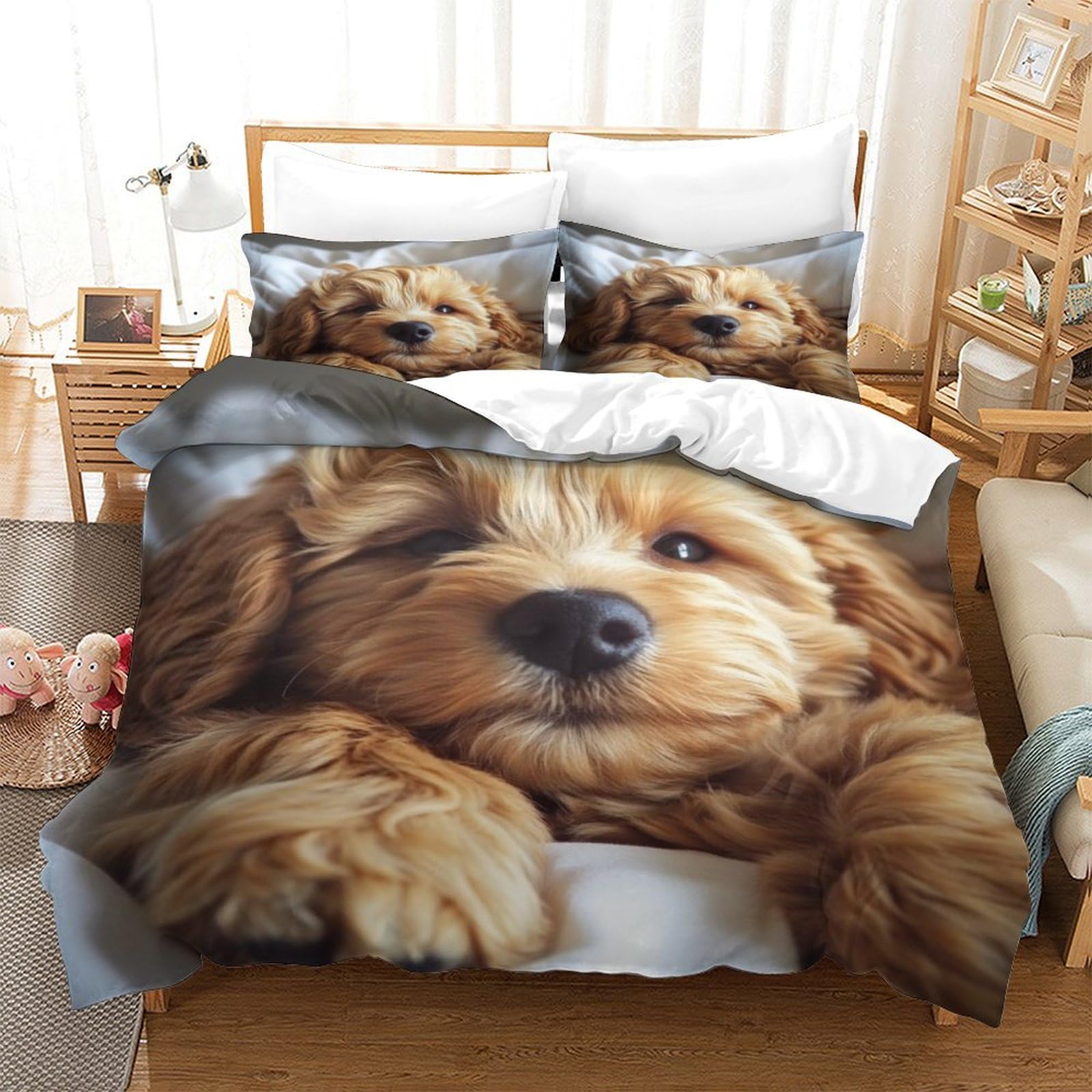 Hmrkoepgx Style-1 Cockapoo 3D Quilt Cover Reversible Microfibre Cute Puppy 3Pcs Bedroom Collection Kids King（220X240cm）