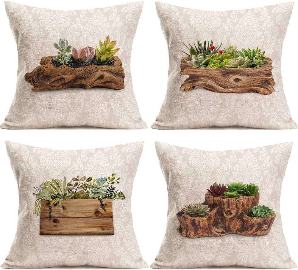 Asminifor 4Pack Tropical Succulent Cactus Pillow Covers Summer Green Leaves Potted Plants Rustic Farmhouse Decorative Cotton Linen Throw Pillow Case Home Decor Cushion Cover 18”x18” (PG-Succulent)