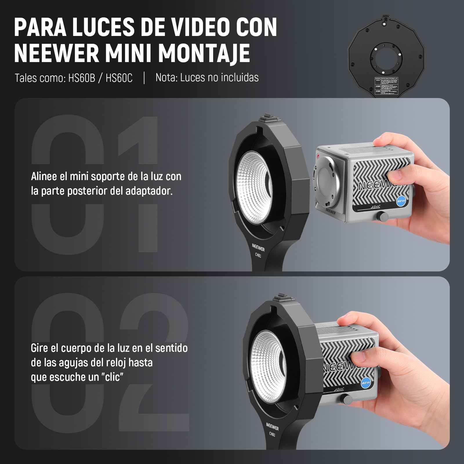 neewer Bowens - Adaptador de Montaje Mini Mount a Bowens, Anillo Adaptador con Base de Paraguas, Receptor de 5/8", inclinación de 180° y rotación de 360°, para Lámpara de Vídeo de Mano Neewer