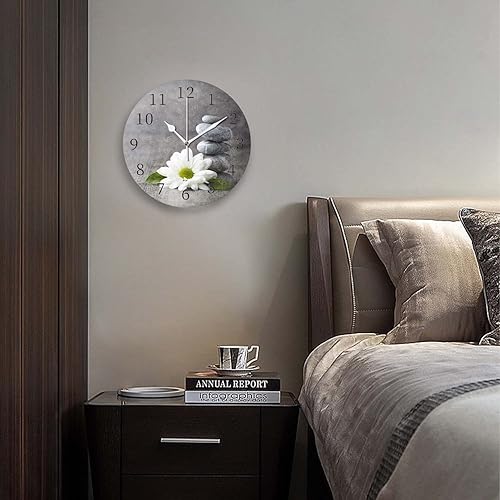 Miniatura 3 de Relojes de pared a pilas de 12 pulgadas, piedra gris y flores, decoración silenciosa del hogar para baño, sala de estar, dormitorio