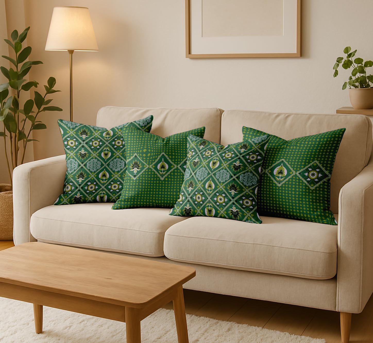 Set of 4 16x16 Cotton Cushion Covers - Decorative Reversible Pillow Covers with Concealed Zipper - Filler Not Included - Block Print, Green