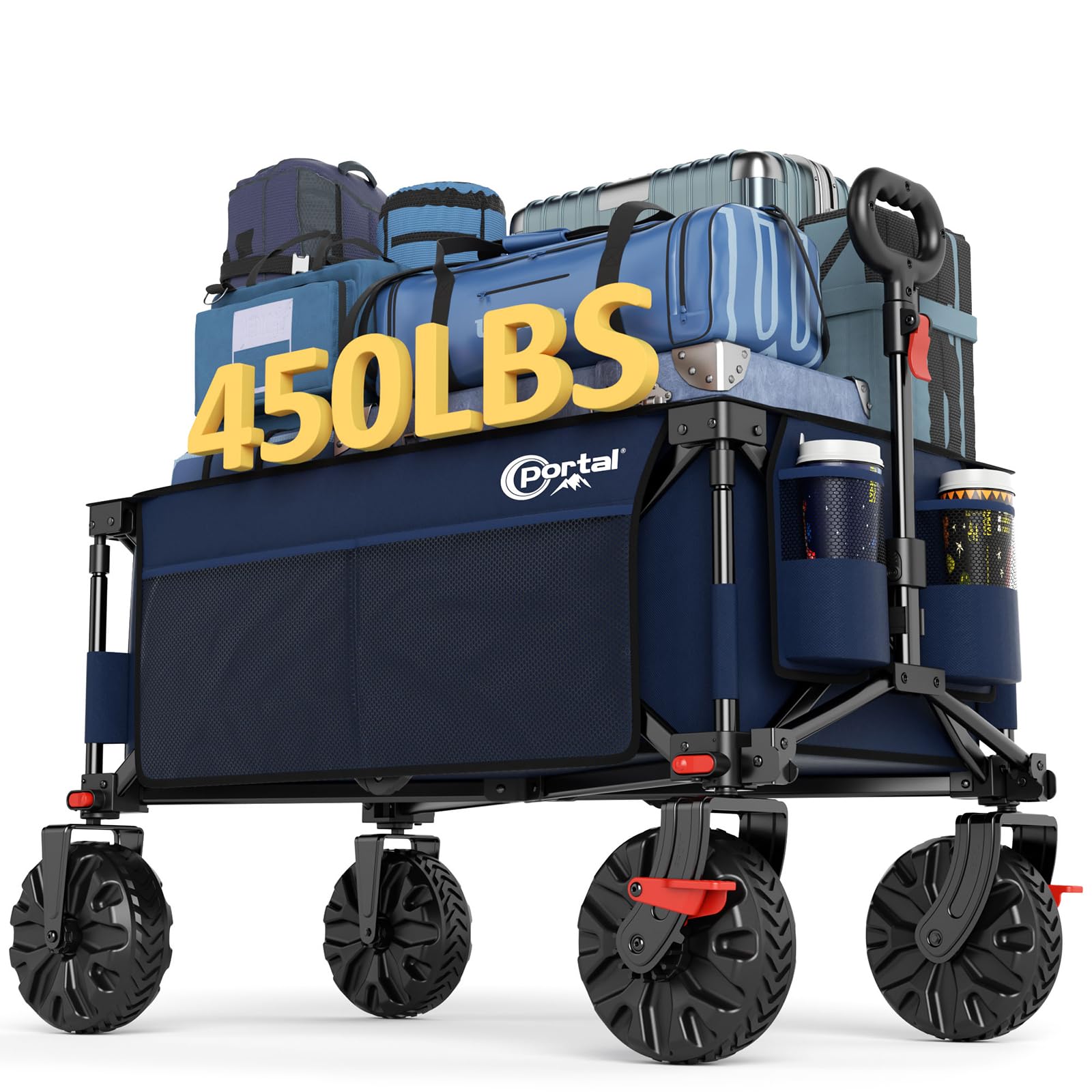 PORTAL Chariot pliable avec freins, chariot utilitaire robuste avec roues tout terrain, chariot pliable portable pour le camping, la plage, le jardin, le shopping et les courses