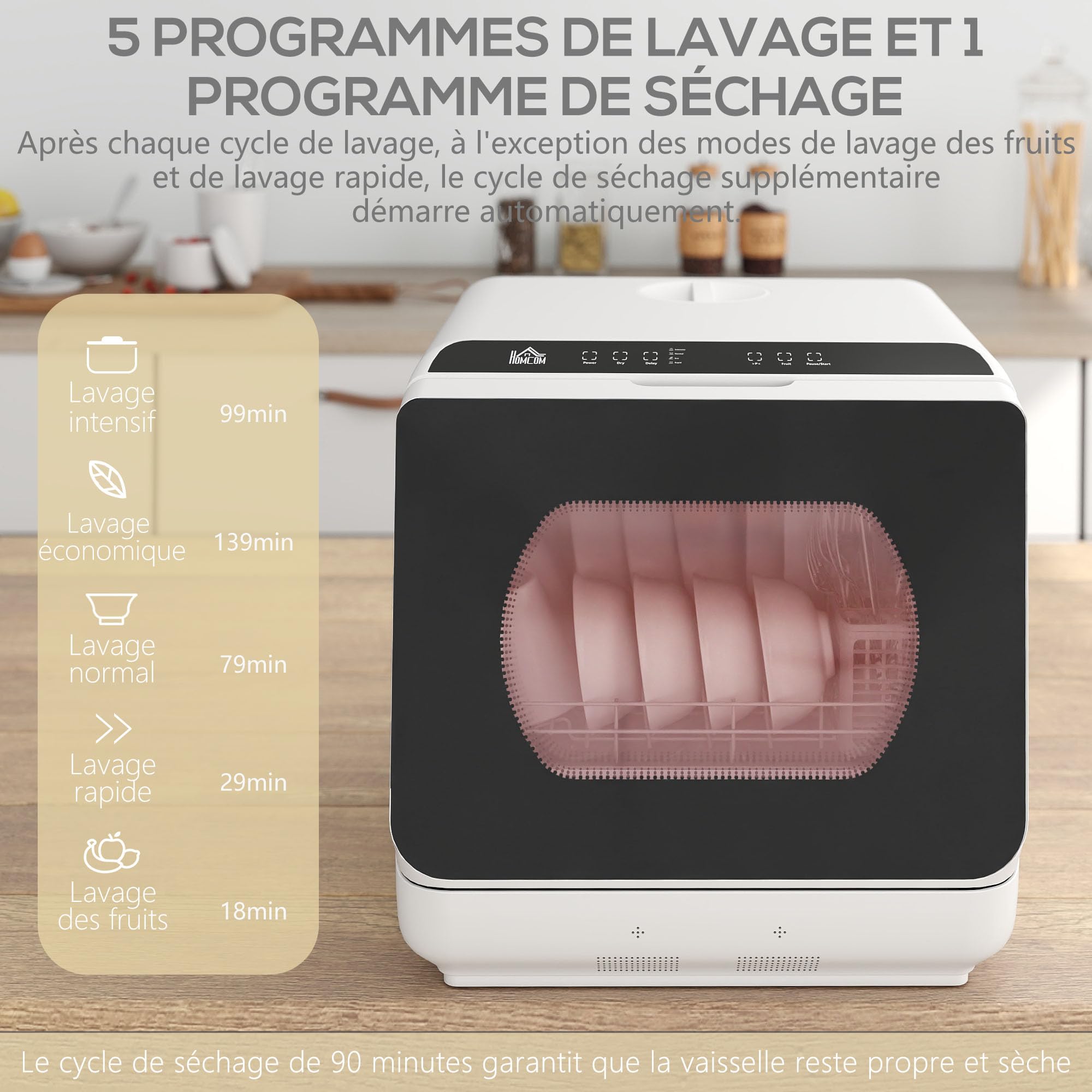 HOMCOM Mini lave-vaisselle 4 couverts, table 5 programmes, double alimentation eau, réservoir 6L, commande tactile, noir