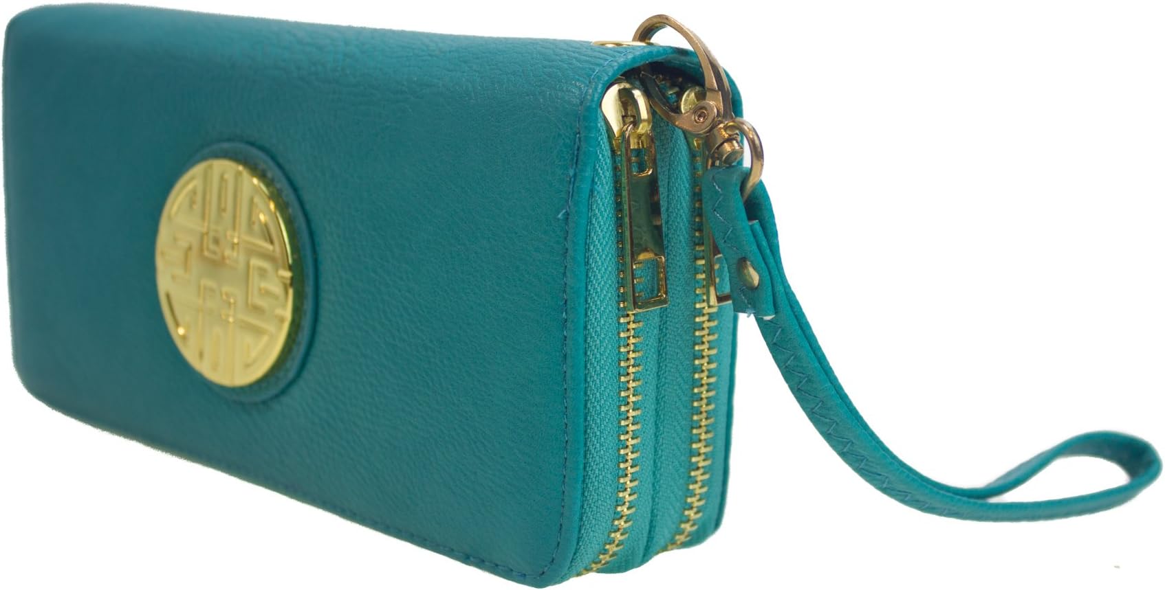 Canal Collection Double Zipper Around PVC Leather Wristlet Clutch Organizer Wallet with Emblem (Turquoise)