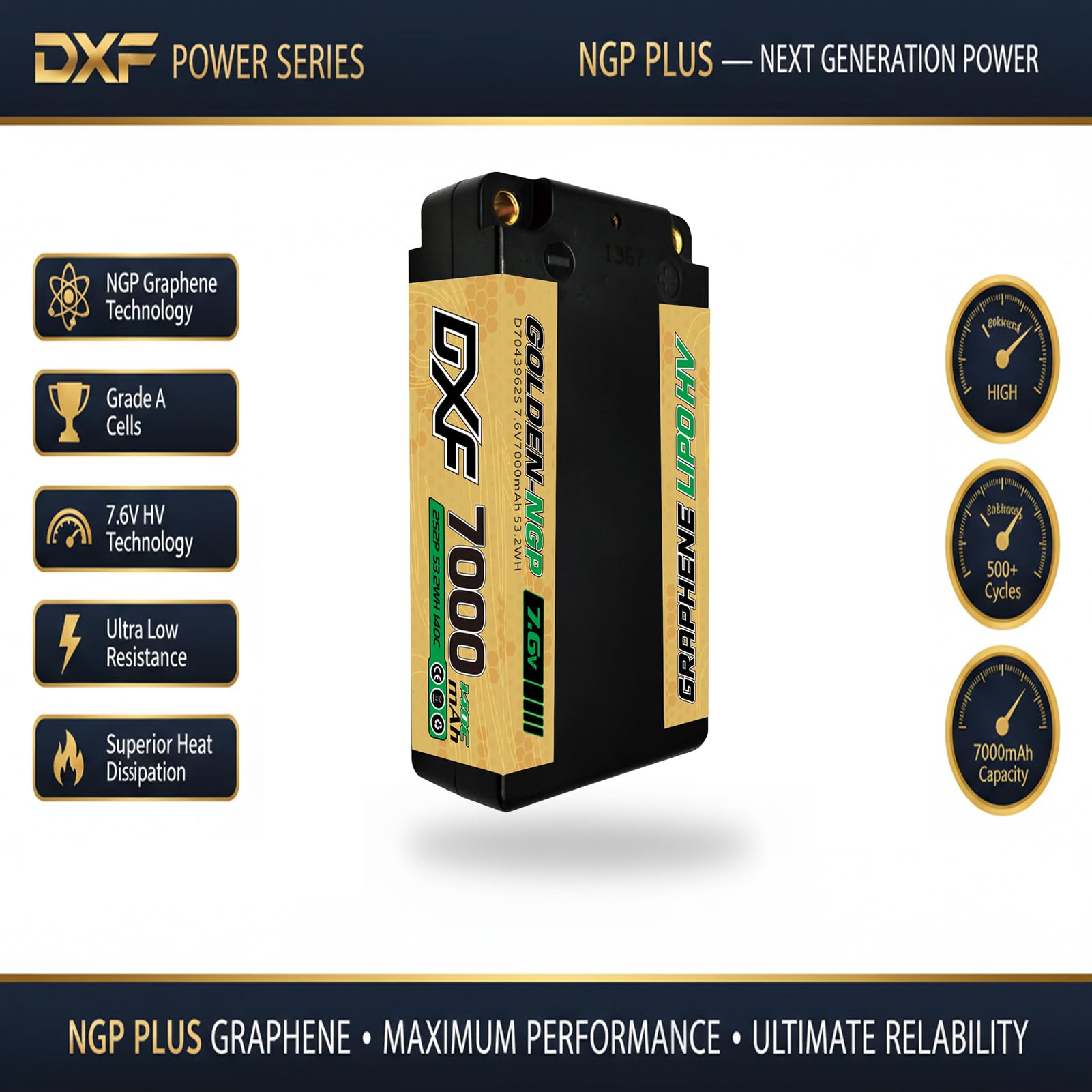 DXF 2S HV LiPo Akku 7.6V 7000mAh 140C Golden NGP mit 5mm Bullet zu Deans T Stecker High-Performance Battery Pack für 1:8 1:10 RC Auto Fahrzeuge Leistungsstark 2S2P