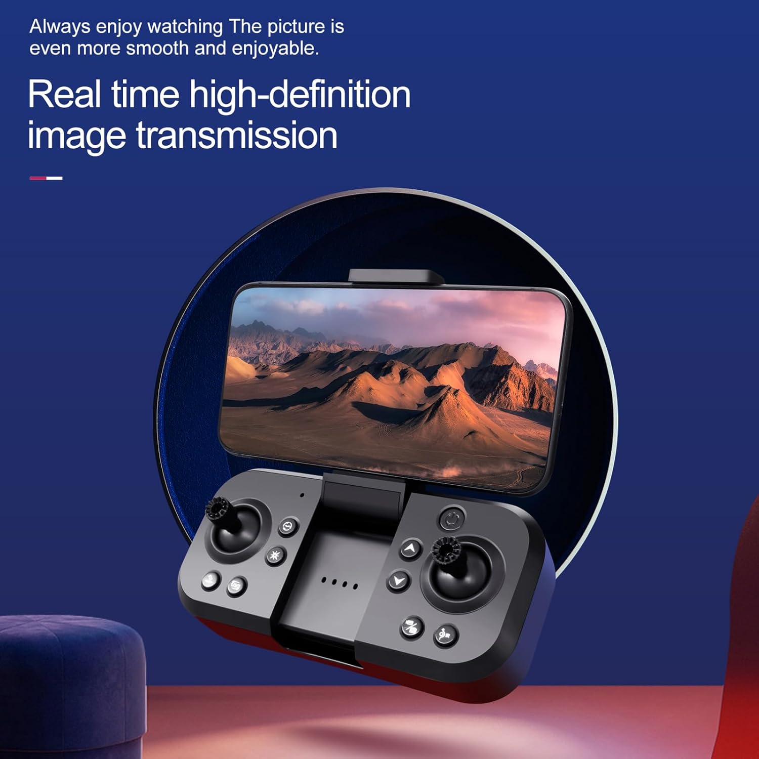 Remote controller with a smartphone mounted, displaying real-time FPV footage from the drone's camera.
