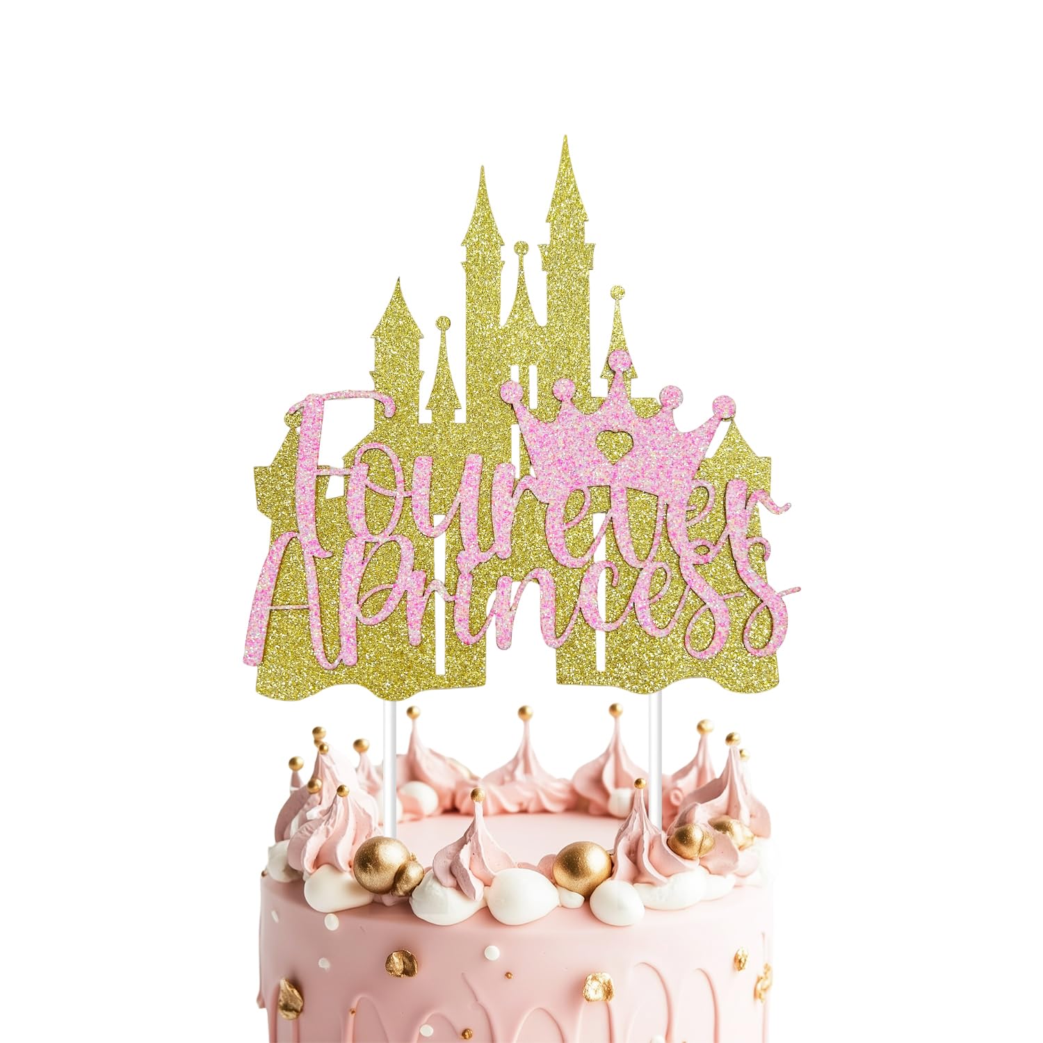 Four Ever a Princess Cake Topper, Princess 4th Birthday Party Decorations Castle Cake Decor Rose Gold Glitter for Four Years Old Girl Little Princess 4th Birthday Party Decor Supplies