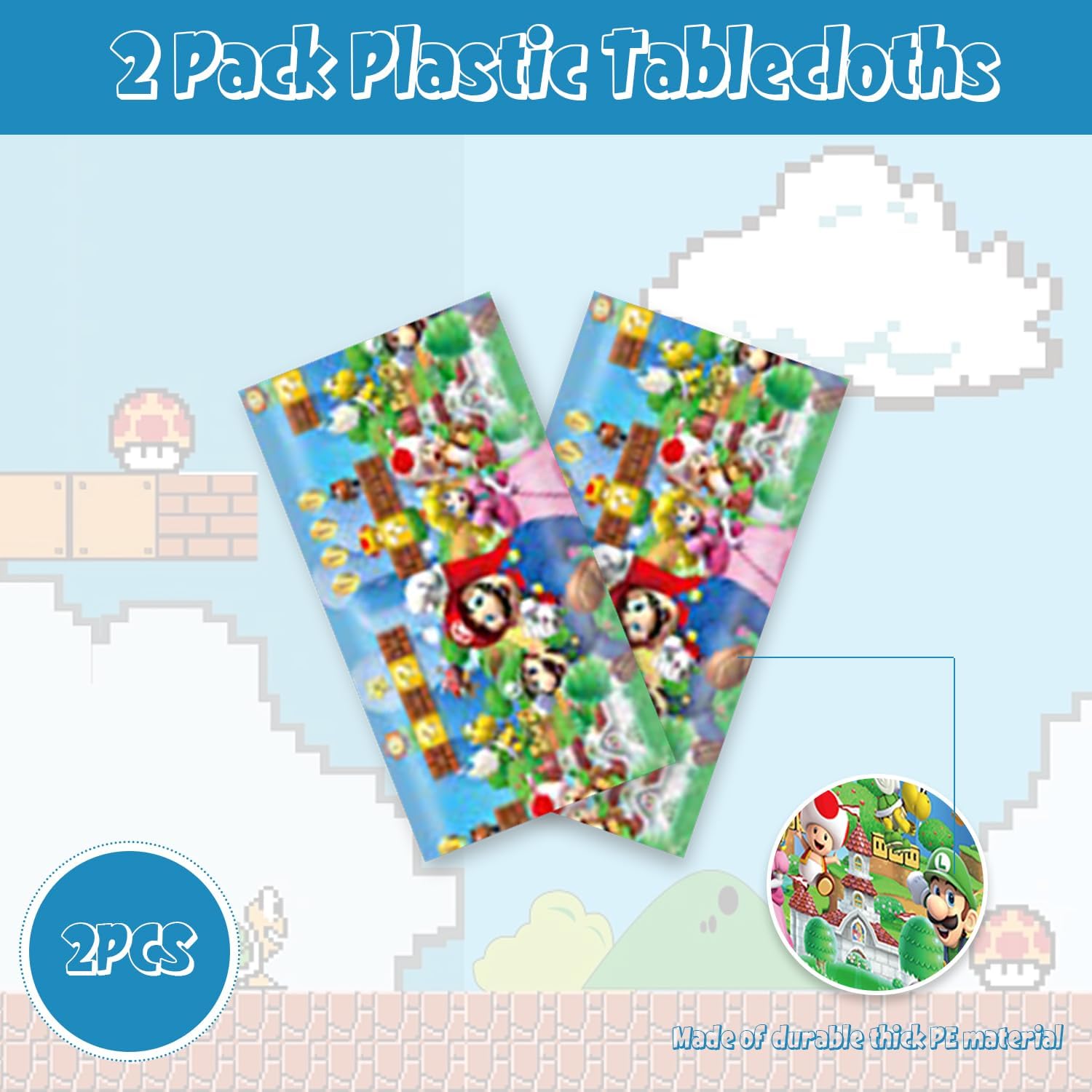 2Pack Mario Tablecloth Disposable Tablecover Birthday Party Supplies and Decorations for Kid Boy Baby Shower Rectangle Tables 70"X42"