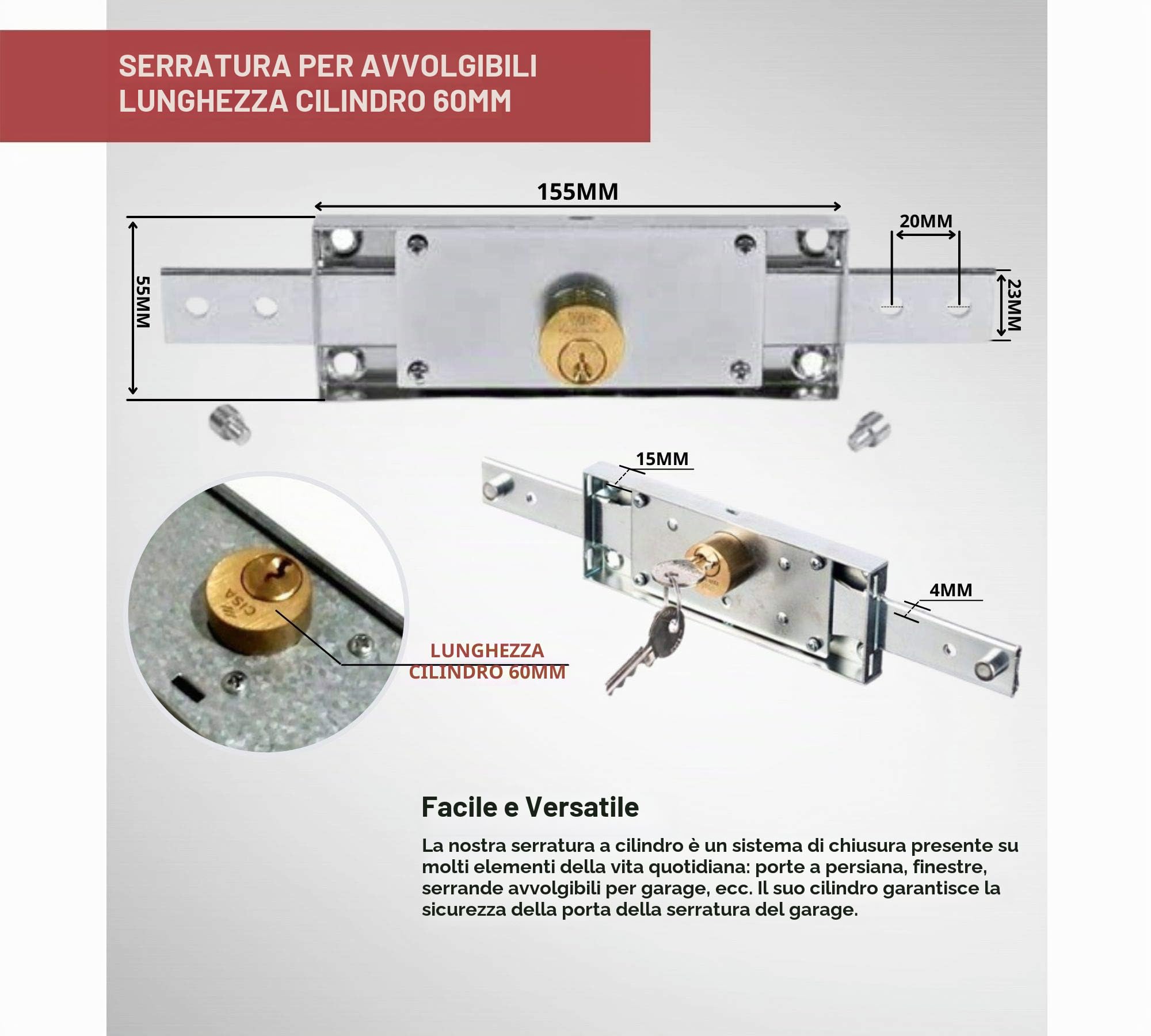 DOJA Industrial | Serratura Centrale Porte Avvolgibili | Cilindro 60 mm | 1 Unità | Acciaio Galvanizzato | Chiusura con la chiave | Impiego: Serrande Avvolgibili, Porta Garage, Saracinesca Negozio
