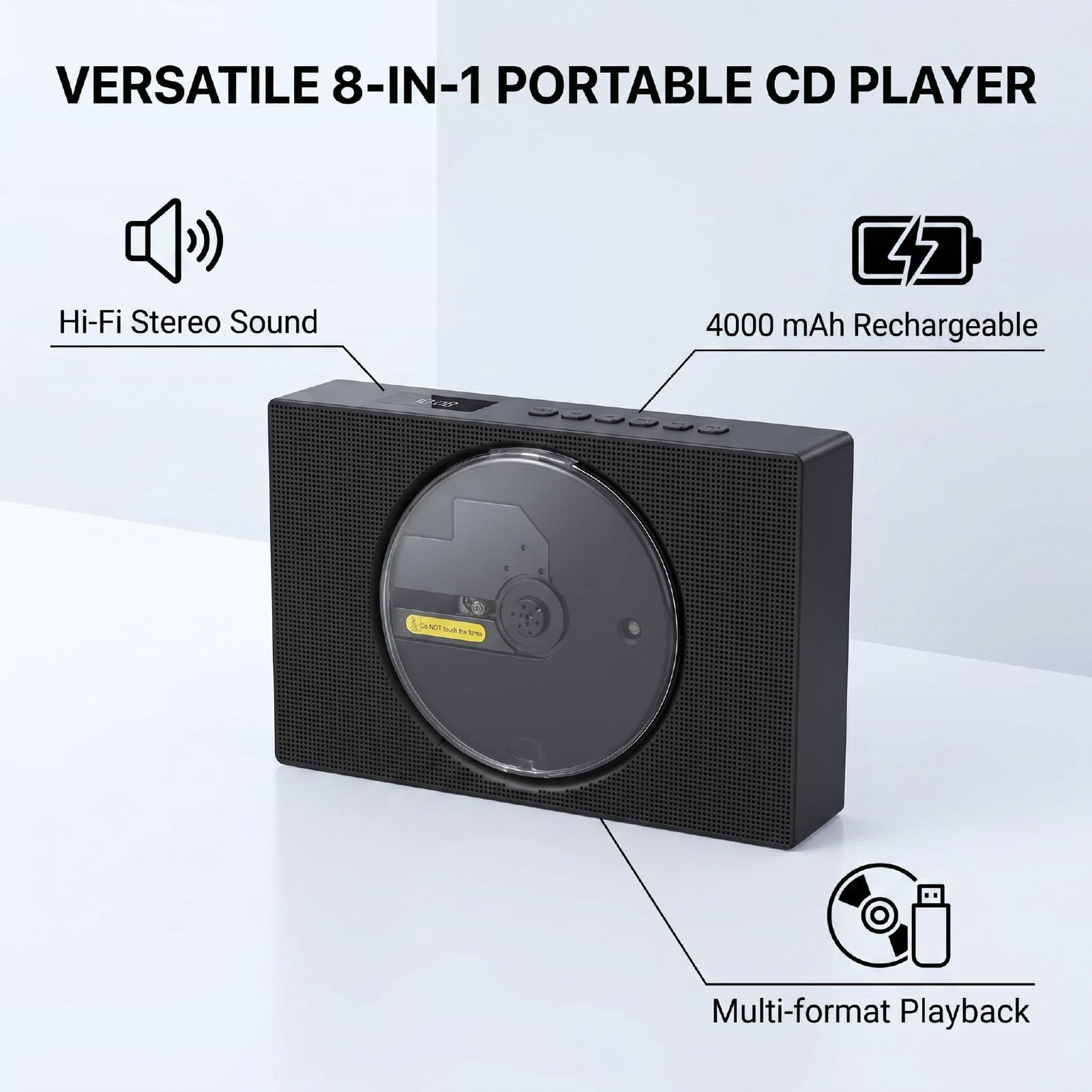 GOWENIC Reproductor de CD Portátil, Reproductor Versátil 8 en 1, (Enchufe