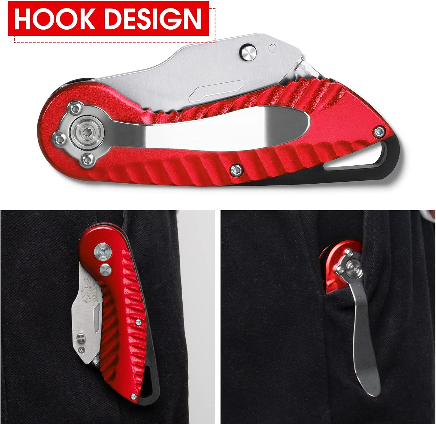 DIYSELF Knife Folding Utility Knife 1-Pack, Upgraded Heavy Duty Box Cutters for Carpet, Carton, Cardboard and Box, Extra 5Pcs Replacement Box Cutter Blades Included (Red) - - 