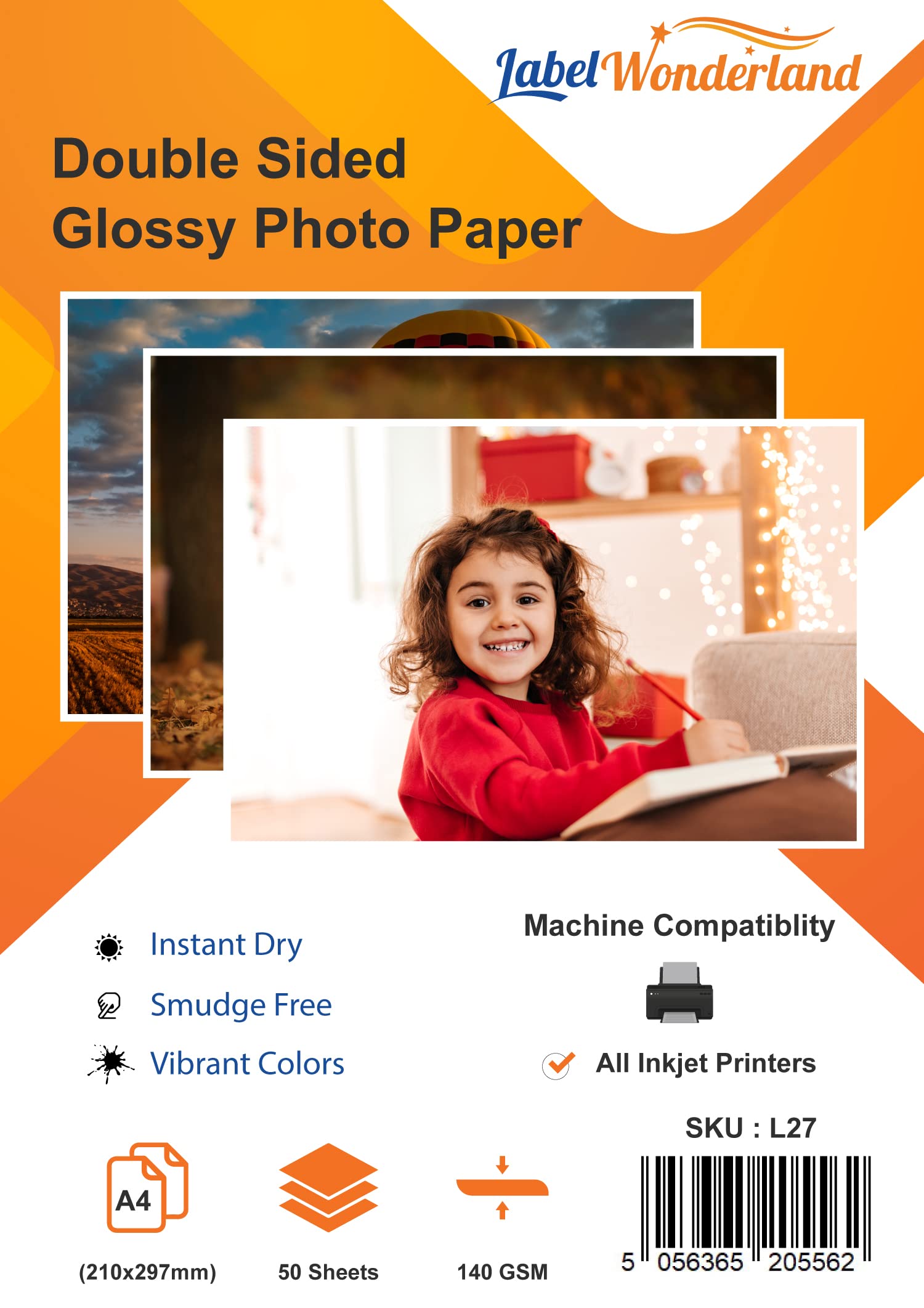Pack of 50 A4 Photo Paper Glossy Double Sided 140 GSM (210mm x 297mm) Photo Paper for Printers LabelWonderland