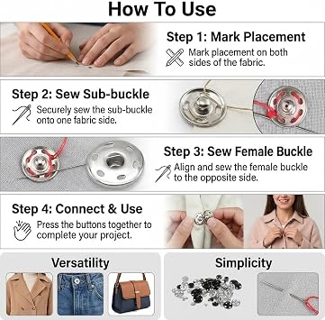 25mm Press Studs Snap Fasteners, 24 Sets Heavy Duty Sew-On Poppers Fasteners (12 Black + 12 Silver), Large Metal Press Studs for Clothing, Jackets, Bags & DIY Crafts