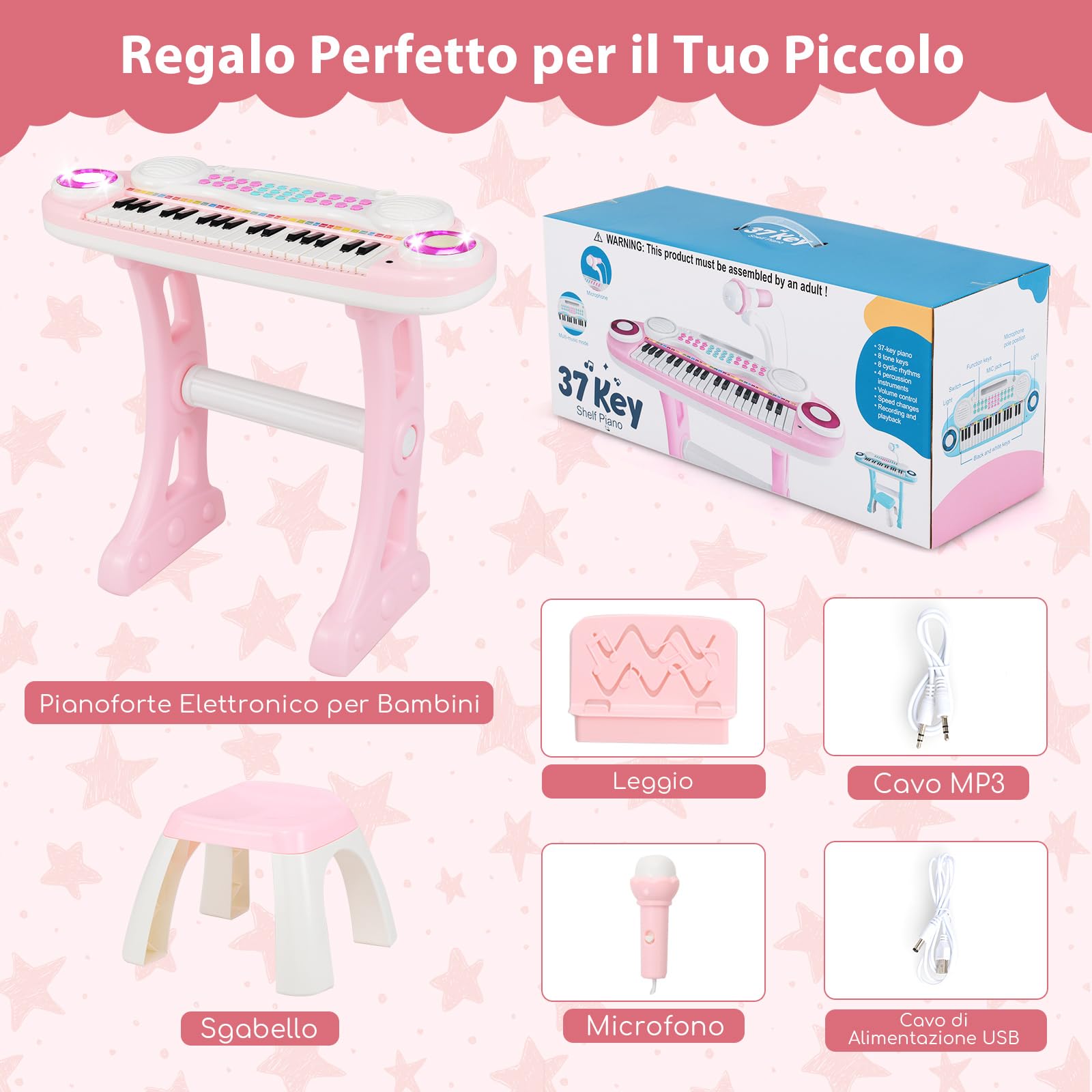 COSTWAY Set Pianoforte Digitale 37 Tasti per Bambini, Tastiera Elettronica con Microfono Sgabello, 8 Ritmi e 8 Strumenti, Funzioni di Record e Playback, Pianoforte Giocattolo per Ragazzi 3+Anni (Rosa)