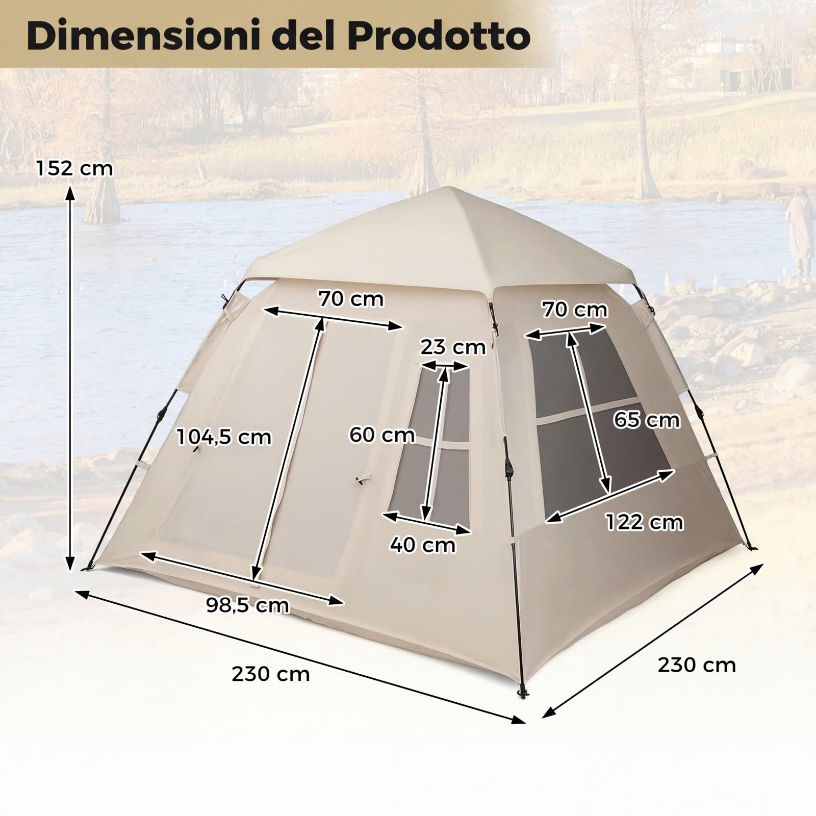 SOARS Tenda da Campeggio 3-4 Persone, Tenda Familiare con 4 Finestre Antizanzare Traspiranti e 2 Porte, Telo Antipioggia Rimovibile e Protezione Solare, Facile da Montare