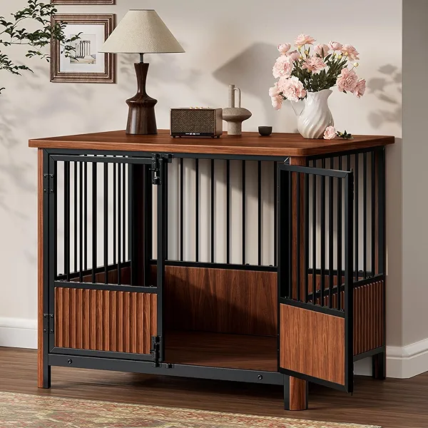 Zivanti 32'' Fluted Dog Crate Furniture with 3 Doors, Modern Indoor Decorative Dog Crate End Table, Wooden Dog Kennel Cage for Small to Medium Dogs, Walnut
