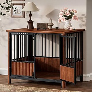 32'' Fluted Dog Crate Furniture with 3 Doors, Modern Indoor Decorative Dog Crate End Table, Wooden Dog Kennel Cage for Small to Medium Dogs, Walnut