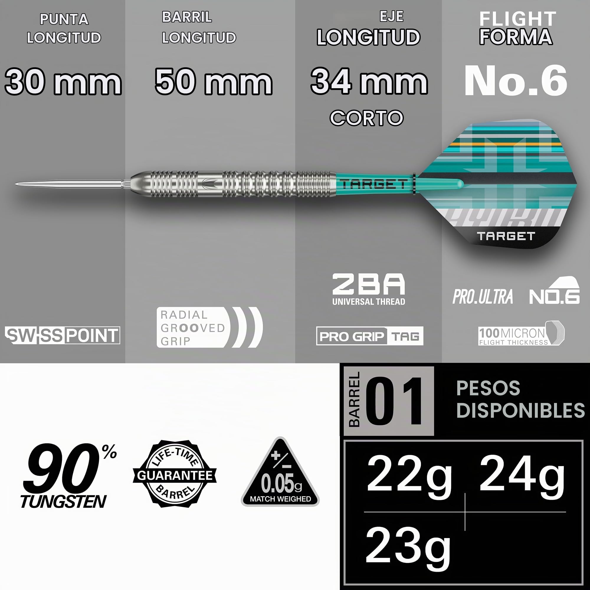 Target Darts Hydro Punta de Acero Juego de Dardos, 21G/22G/23G/24G/25G/26G (Barrel 01/02/03) | Dardos con 90% de Tungsteno, Puntas Swiss Point Plateadas, Ejes Pro Grip Tag y Plumas Pro Ultra N.º 6