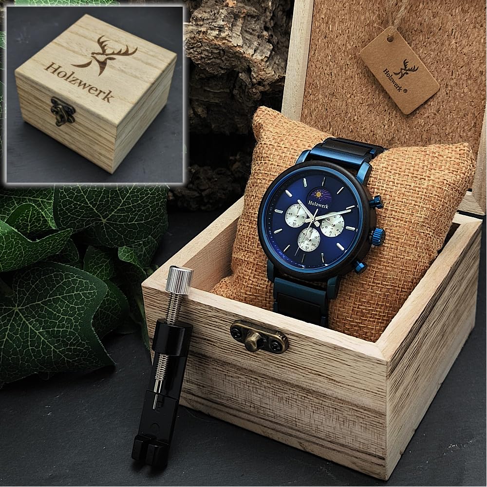 Holzwerk Germany Ręcznie wykonany designerski zegarek męski ekologiczny naturalny drewniany zegarek chronograf zegarek na rękę analogowy zegarek kwarcowy brązowy czarny niebieski z fazą księżyca, niebieski