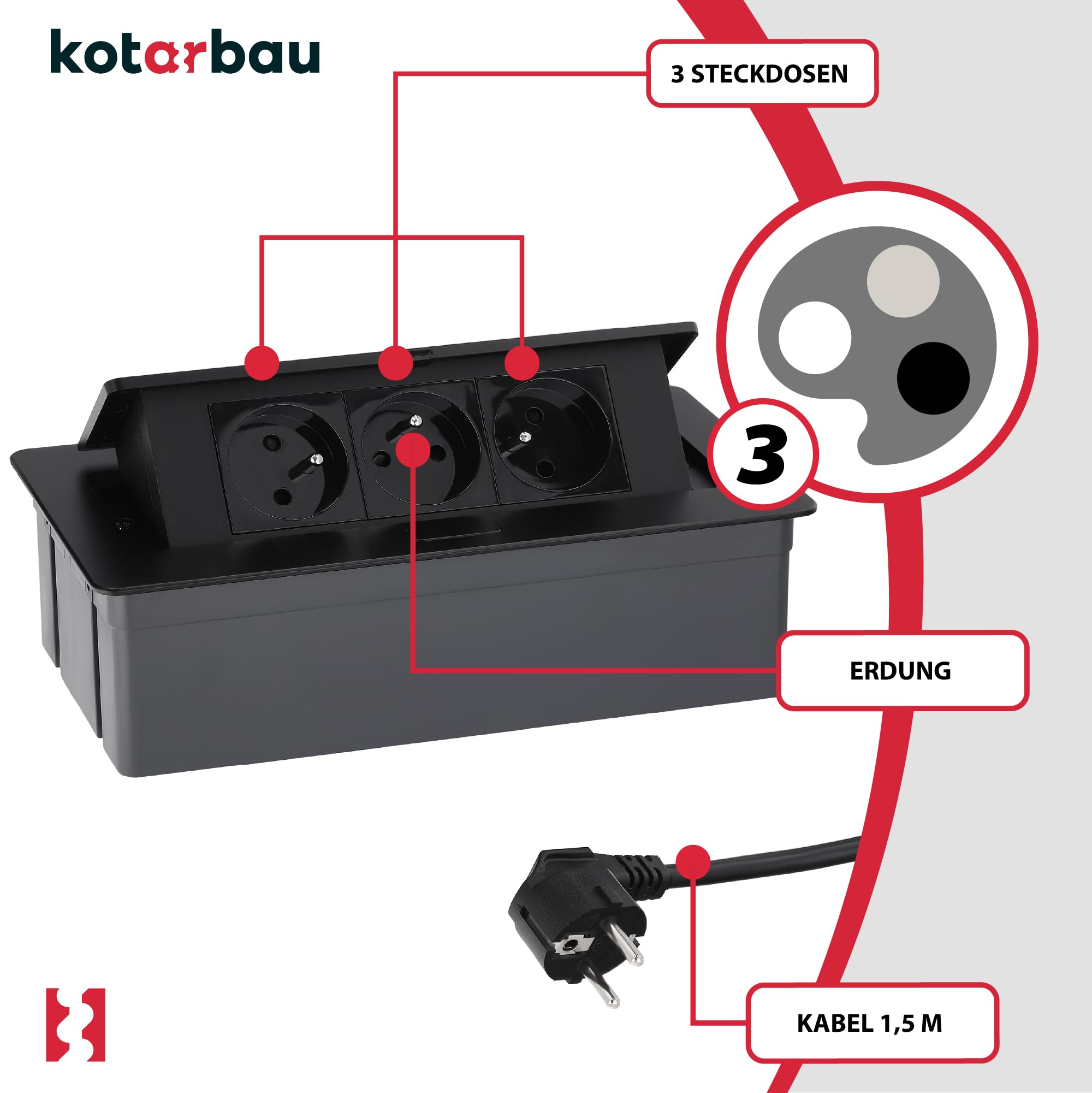 KOTARBAU® Toma de sobremesa empotrable con 3 enchufes, Regleta de Enchufe con Cable de 1,5 m, Toma múltiple para Mesa, Muebles o escritorios, Base múltiple para empotrar, Regleta retráctil, Negro
