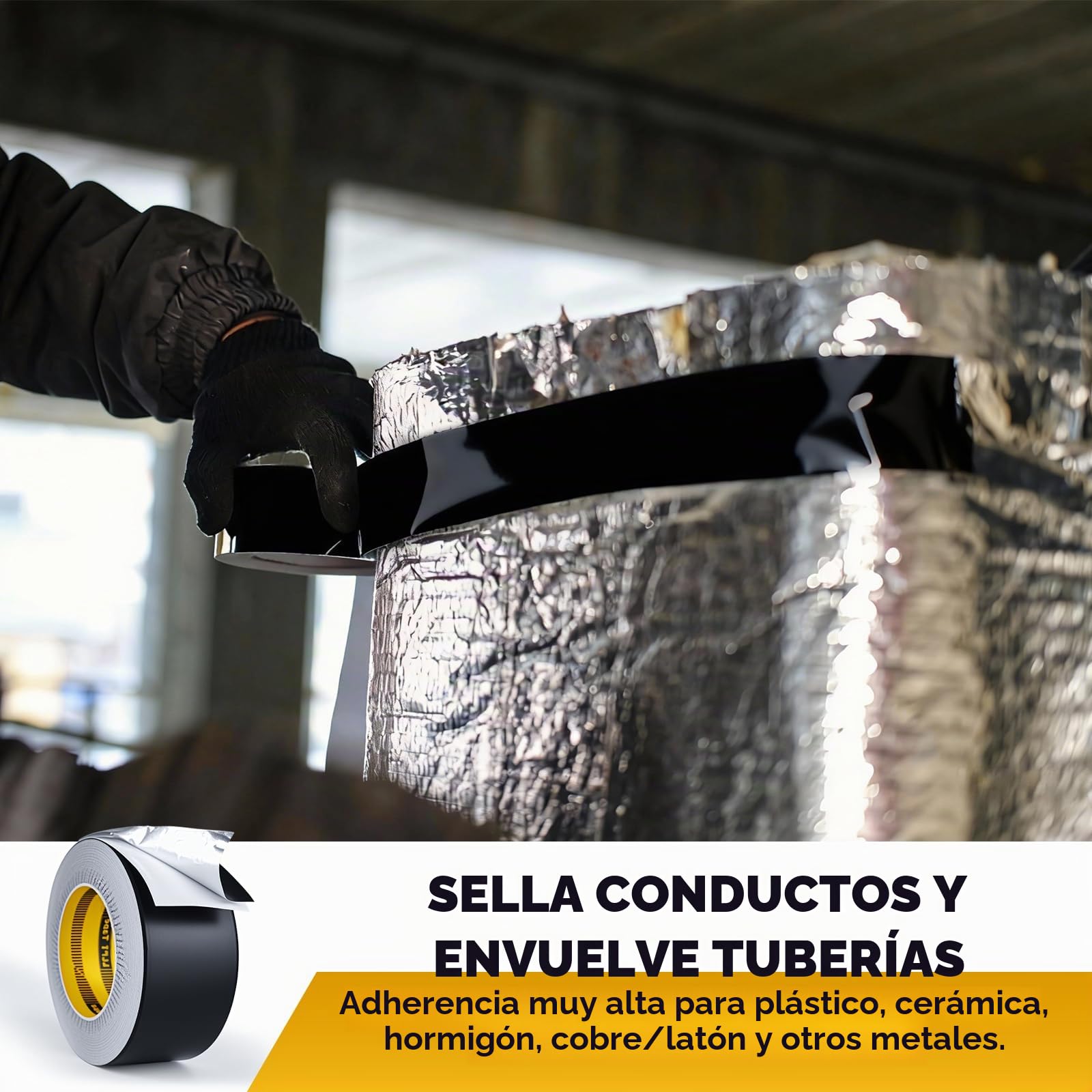 LLPT Cinta de Aluminio | Negro | 5cm x 20m | Adhesivo de Alta Temperatura | Trabajo Pesado Sellado de HVAC Cinta | para Conductos de Aire Frío y Caliente para Reparación de Tuberías de Metal (BF065)