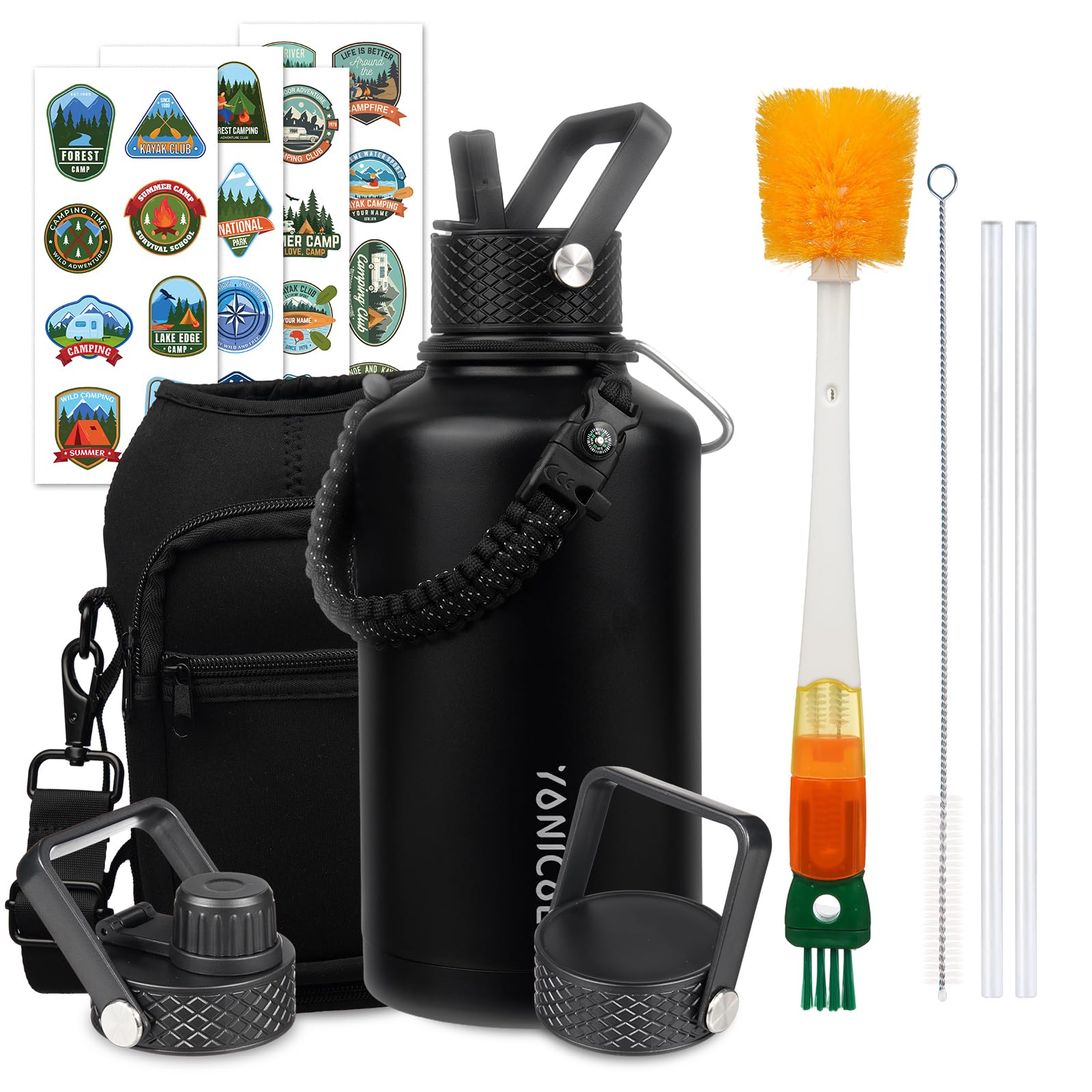 Insulated Water Bottle 64oz,Triple Wall Vacuum Stainless Steel(Dishwasher Safe),Leak Proof & Non-BPA,Flask Jug with Paracord Handle & Straw Spout Lids Sports Black