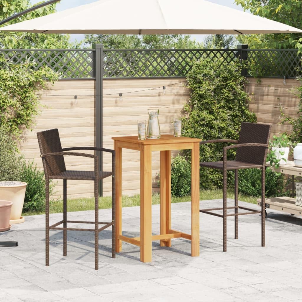 Modern Brown Garden Bar Set with Acacia Wood Table and Two Stools for Outdoor Patio, Durable Poly Rattan Furniture with Comfortable Footrest and Back Support, Space-Saving