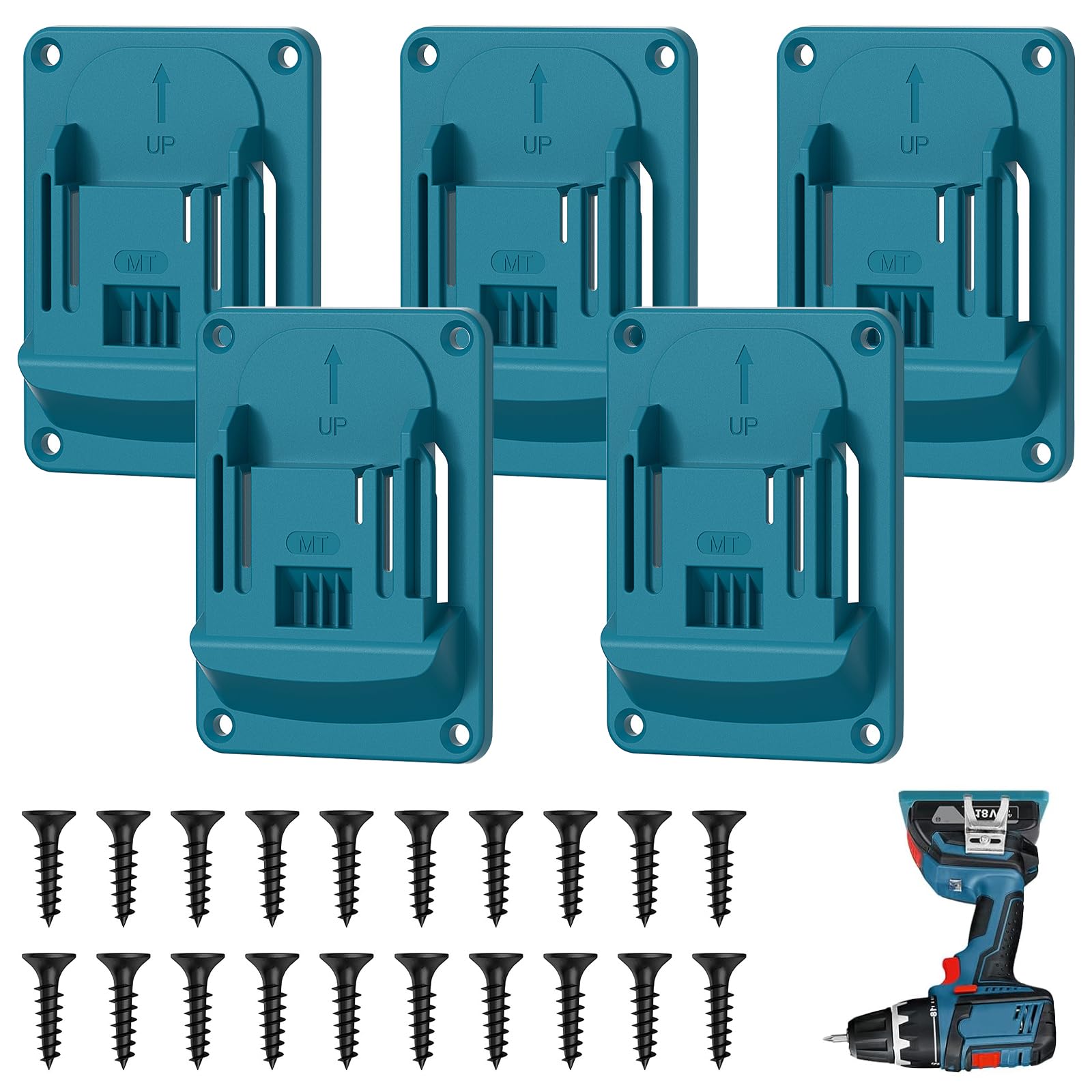 5 Stück Wandhalterung Werkzeughalter für Makita 18V Akkuschrauber & Elektrowerkzeuge, Makita Akku Halterung Set mit 5-tlg Maschinenhalter, Werkstatt Garage Organizer Kompatibel mit 14.4-18V (Blau)