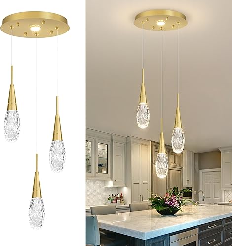 Miniatura 8 de 3 luces LED colgantes para isla de cocina, lámpara regulable dorada, moderna iluminación colgante de cristal para comedor, dormitorio, sala de
