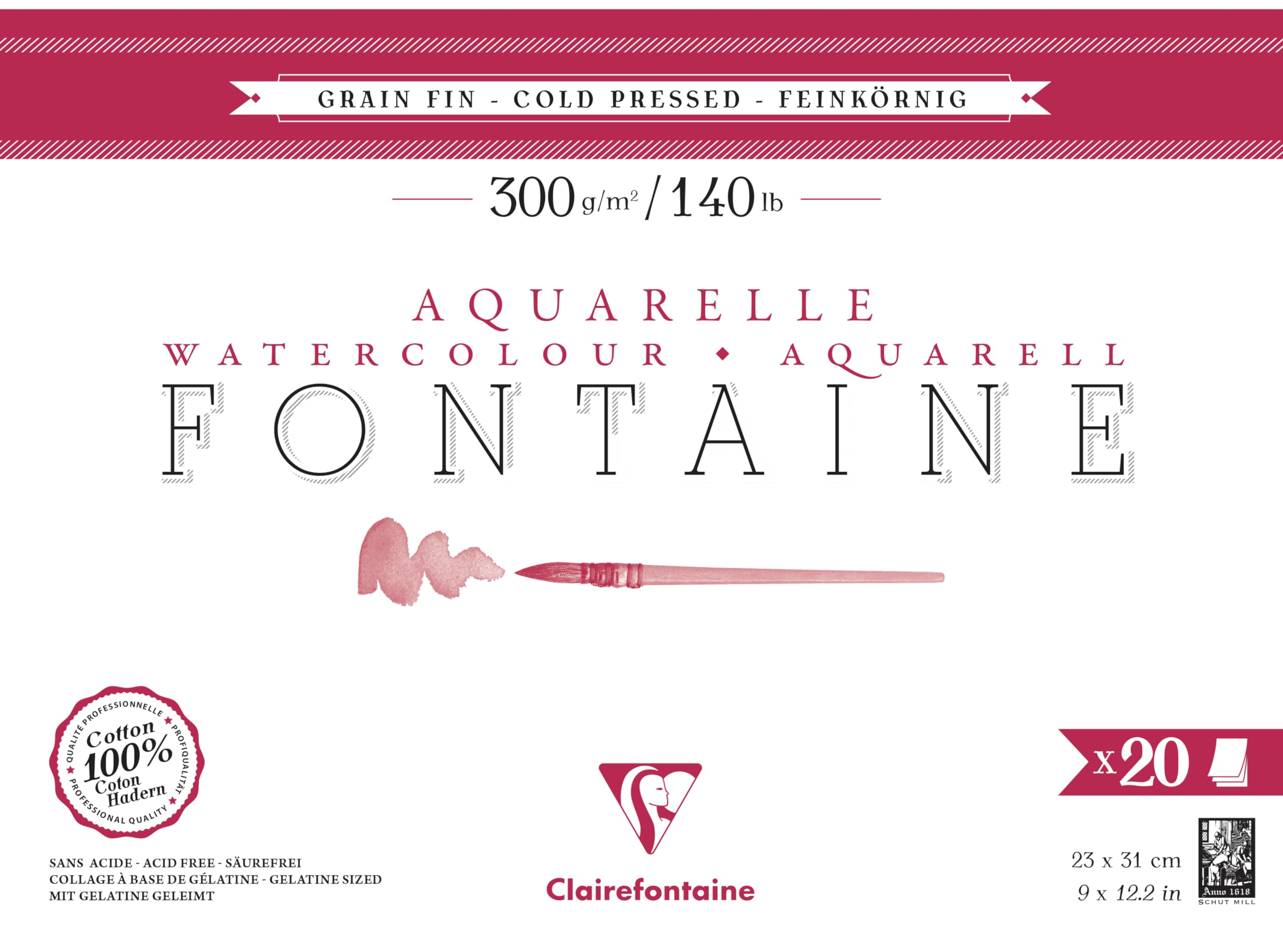 Clairefontaine 975500C Bloc Estilográfica Pegado 4 Caras - 20 Hojas Papel Acuarela Blanco 100% Algodón Grano Fino Calidad Profesional 23x31 cm 300g