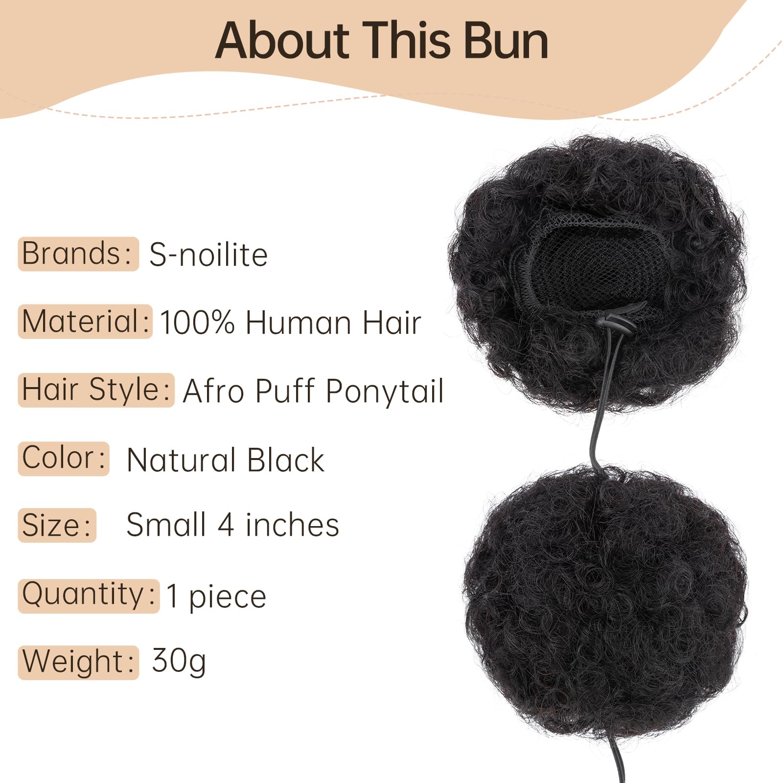 S-noilite Afro Puff Drawstring Ponytail Kinky Curly Bun Hair 1 Pieces Real Human Hair Extensions Remy Updo Hair for Black Women Girls Small (Natural Black) - Image 3