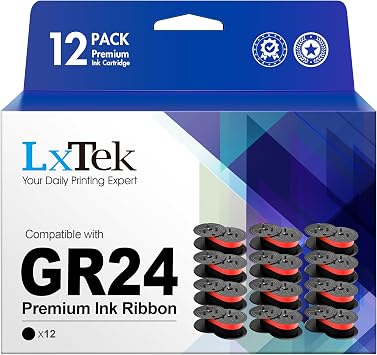 LxTek Replacement for GR24 Universal Twin Spool Calculator Ribbon use with Nukote BR80c, Sharp El 1197 P III, Porelon 11216, Dataproducts R3027 Black/red, 12-Pack Tray