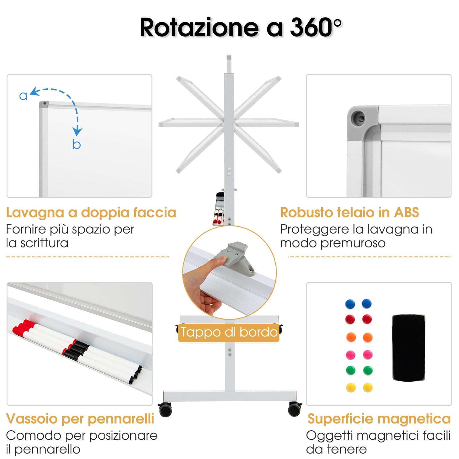 GYMAX Lavagna Magnetica Bifacciale con Ruote, Lavagna in Stile Cavalletto Regolabile in Altezza, Lavagna Magnetica a Rotolamento Reversibile per Ufficio, Aula, Casa, 120 x 60 cm (Bianco)