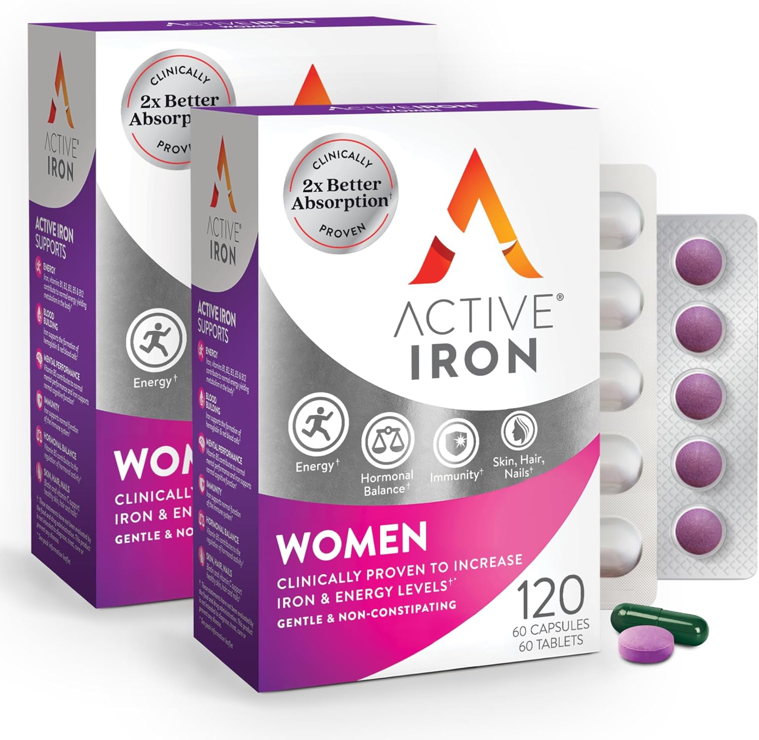Active Iron Supplement 25mg + Multivitamin for Women – Clinically Proven to Increase Energy & Reduce Tiredness – Gentle, Non-Constipating Iron + Women’s Multivitamin – 60 Capsules + 60 Tablets
