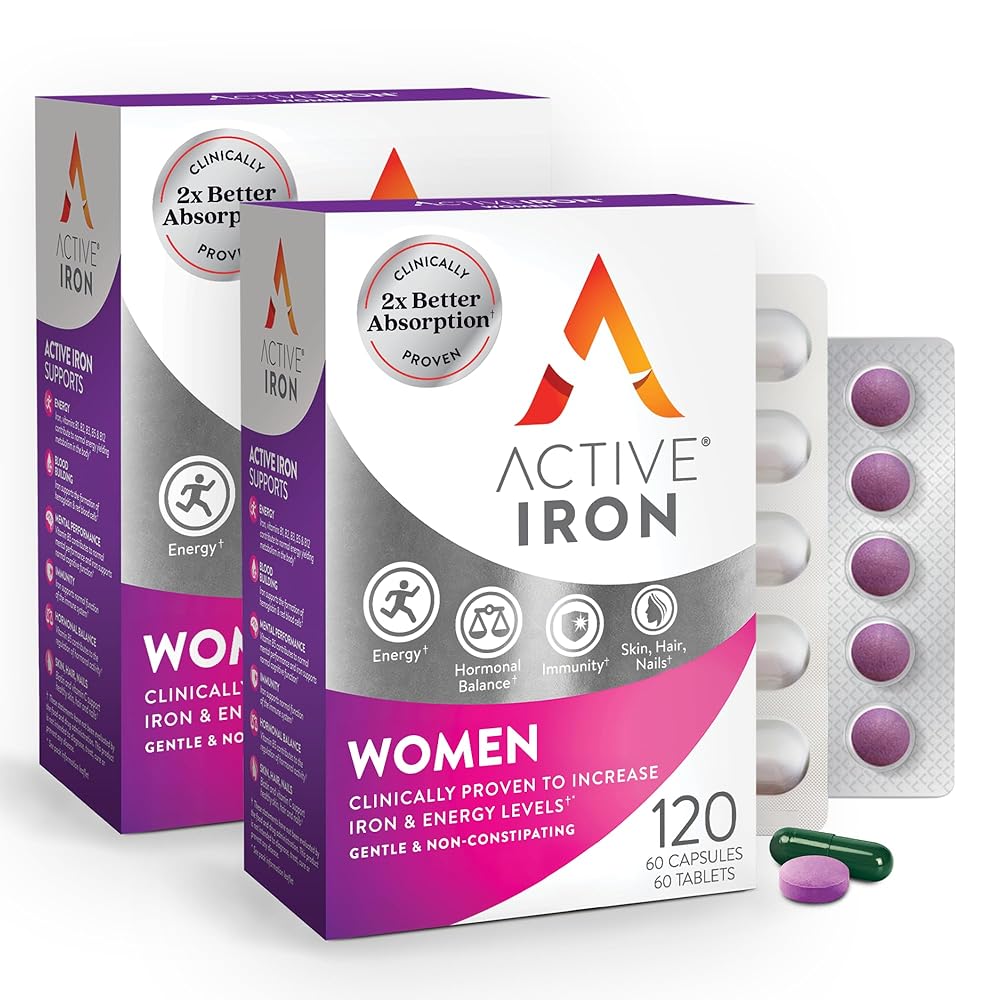 Active Iron Supplement 25mg + Multivitamin for Women - Clinically Proven to Increase Energy & Reduce Tiredness - Gentle, Non-Constipating Iron + Womens Multivitamin - 60 Capsules + 60 Tablets