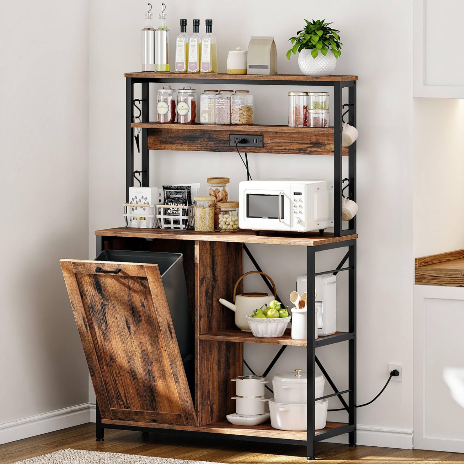 HOOBRO Bakers Rack with Power Outlet, Microwave Stand with Trash Can Bin Cabinet, 5-Tier Kitchen Storage Shelf Cabinet, Tall Coffee Bar Table Station