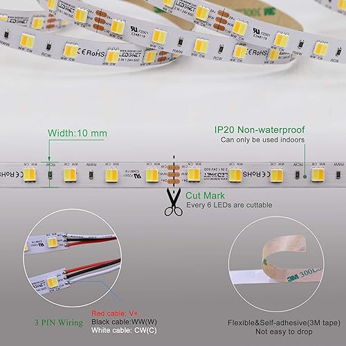 Miniatura 5 de LEDENET Tira de luces LED blancas sintonizables de 16.4 pies DC24V Temperatura de color ajustable SMD 5050 300LEDs 2800K-6500K CCT Tira de