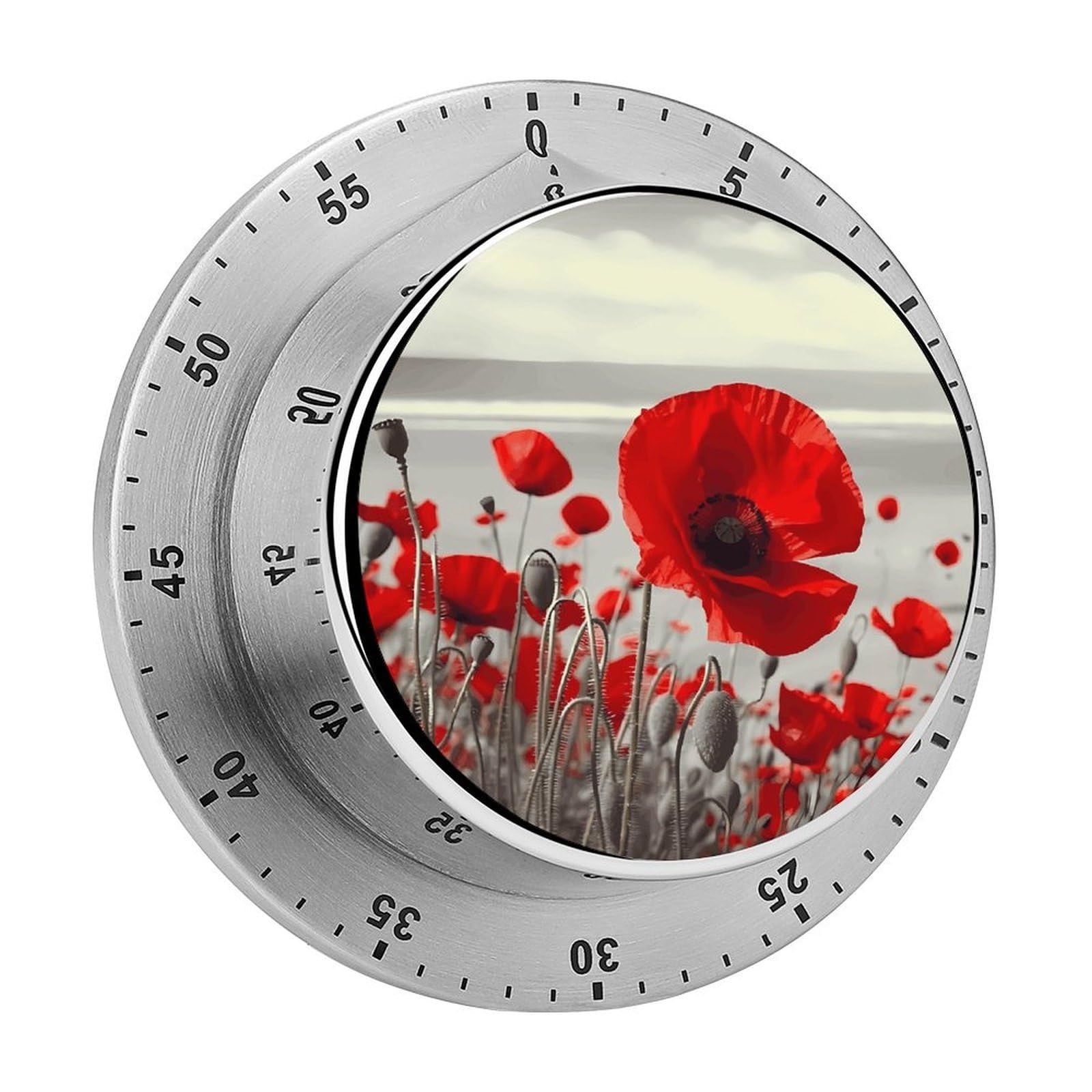 Red Poppy Flower Timer Exquisite Stainless Steel Body Mechanical Desk Timers 60 Minutes Visual Countdown Timers with Magnetic Backing Loud Alarm Kitchen Timer for Cooking