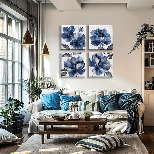 Miniatura 3 de BQVCT 4 piezas de arte floral azul para pared, impresiones en lienzo de madera blanca, flores grises y azul marino en el estilo de pintura de
