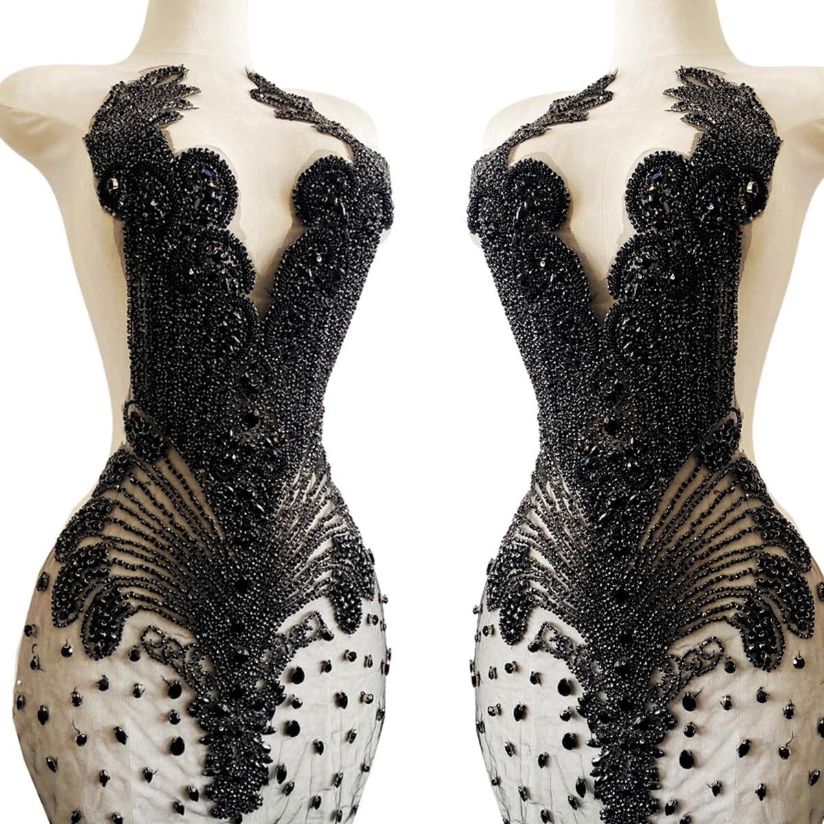 Large Handmade Beaded Crystal Patches Bodice Glass Rhinestone Applique Designs for Prom Formal Dress (Black)