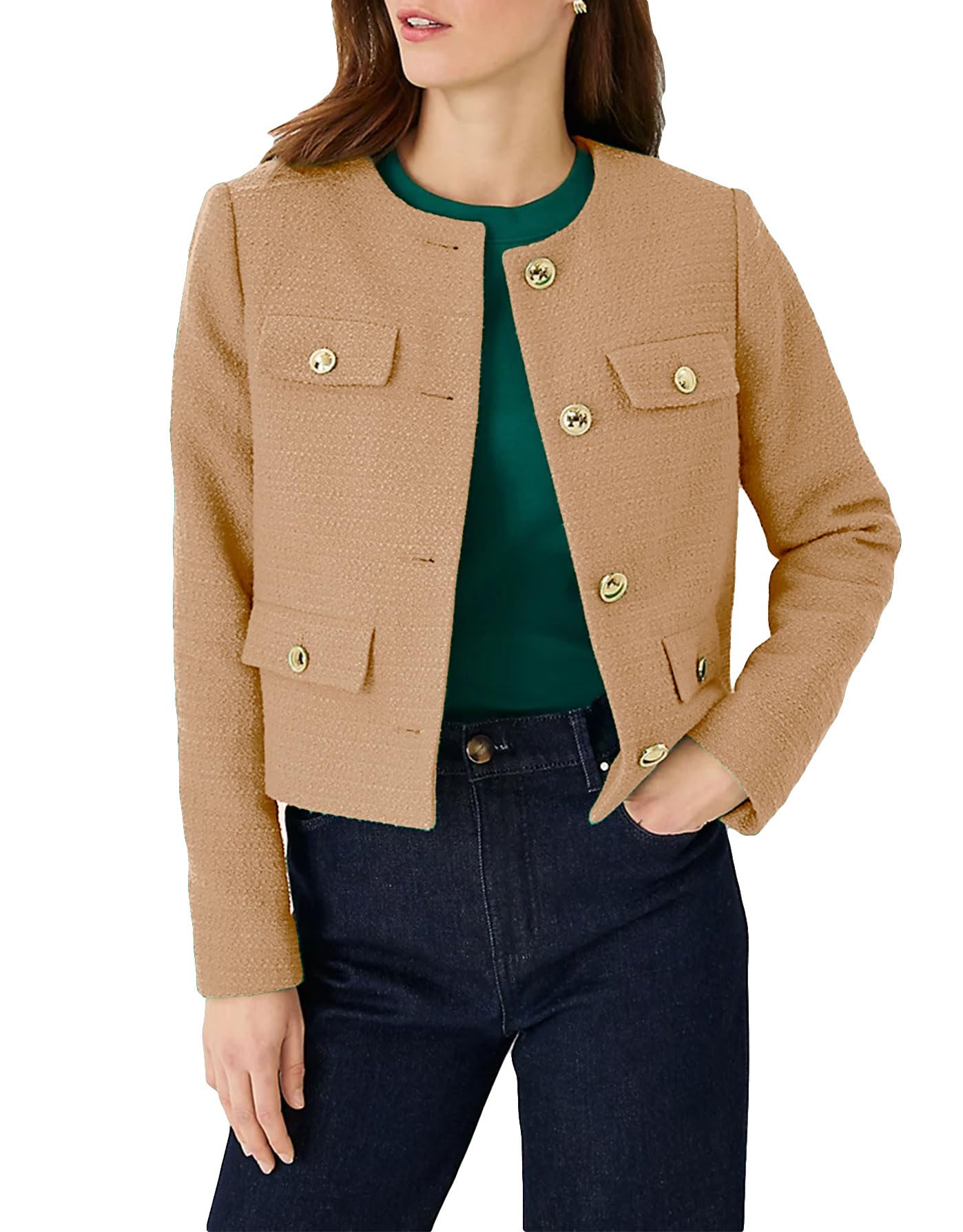 YEXPINE Tagliato Tweed Blazer Giacche per Le Donne Elegante Sottile Senza Colletto Abiti Casual Affari