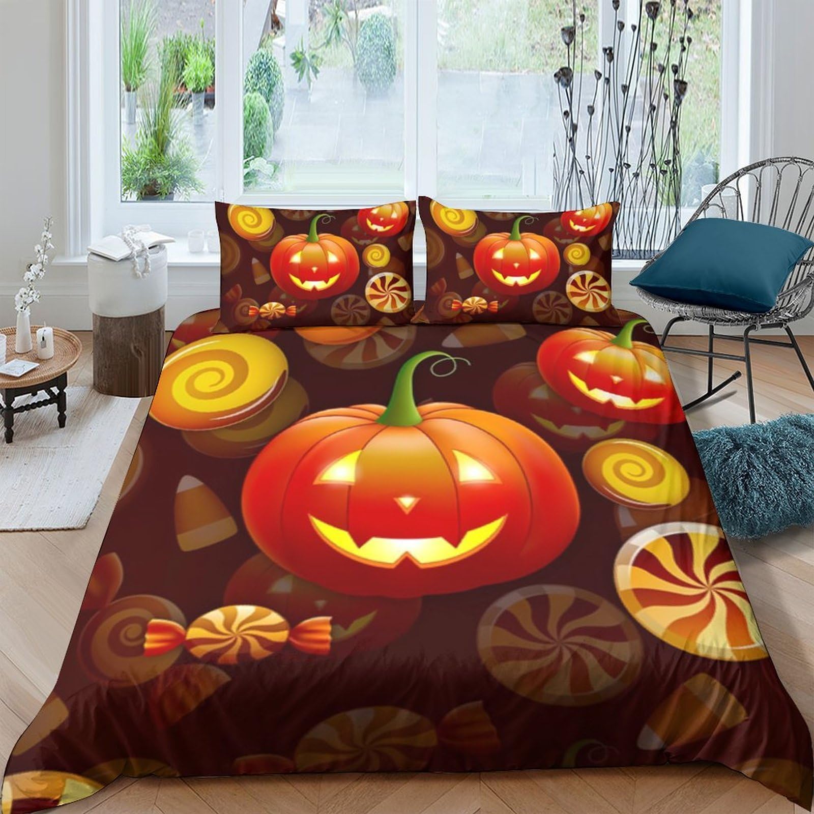 Ctjqhvkz Style-8 3D Printed Halloween Pumpkin Fitted Sheet Microfiber Candy Bed Cover Anti-Slip Machine Washable For Bedroom Decor Single（135X200cm）